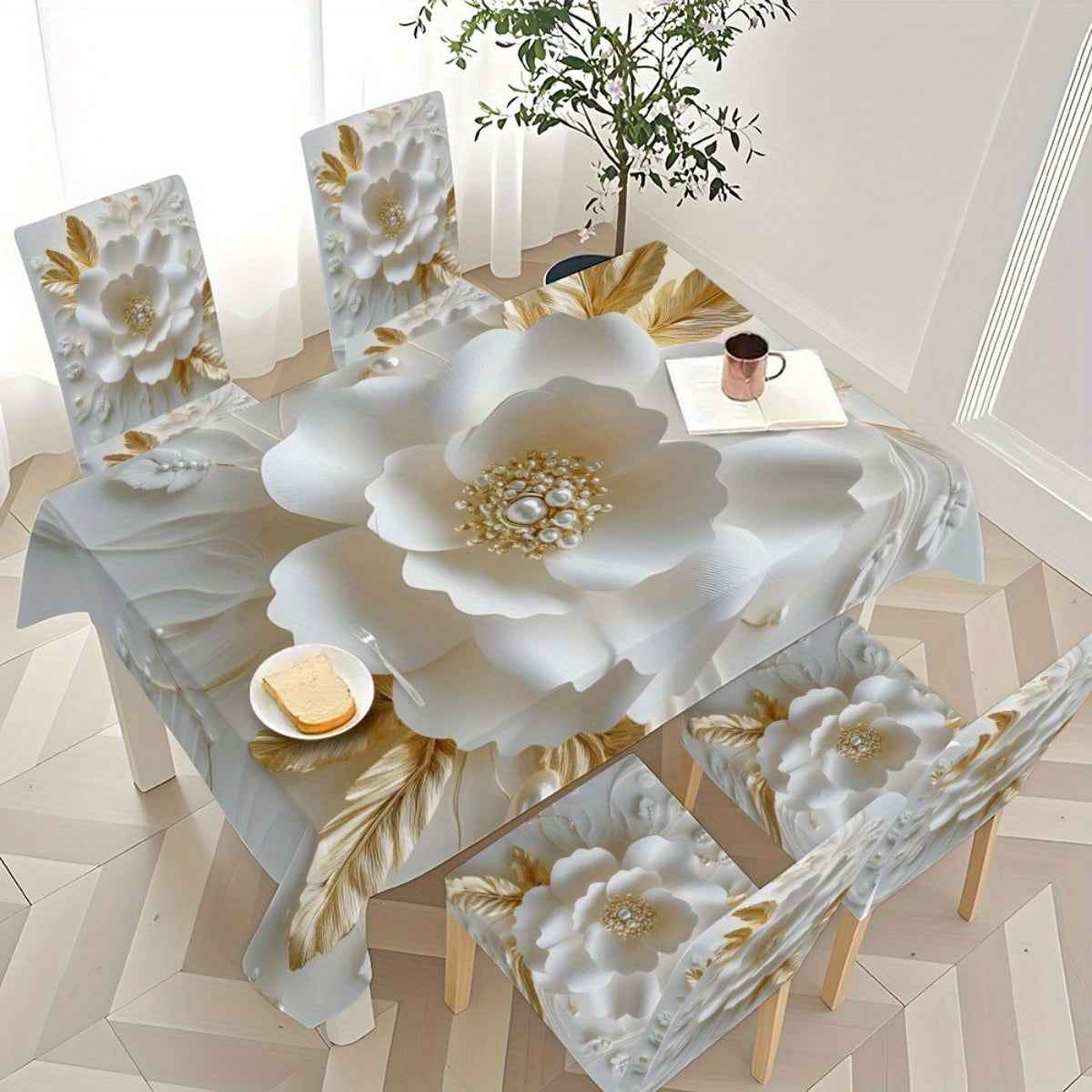 5pcs/7pcs white Golden flower pearl decoration tablecloth and chair cover set, 5pcs include 1 tablecloth and 4 chair covers, 7pcs include 1 tablecloth and 6 chair covers. Washable rectangular tablecloth and chair covers, suit