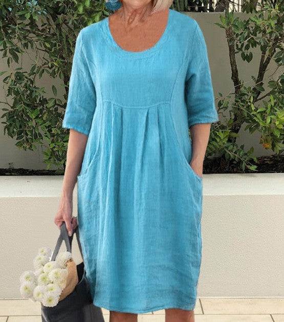 Robe unie à manches longues et col rond pour femme, avec poche