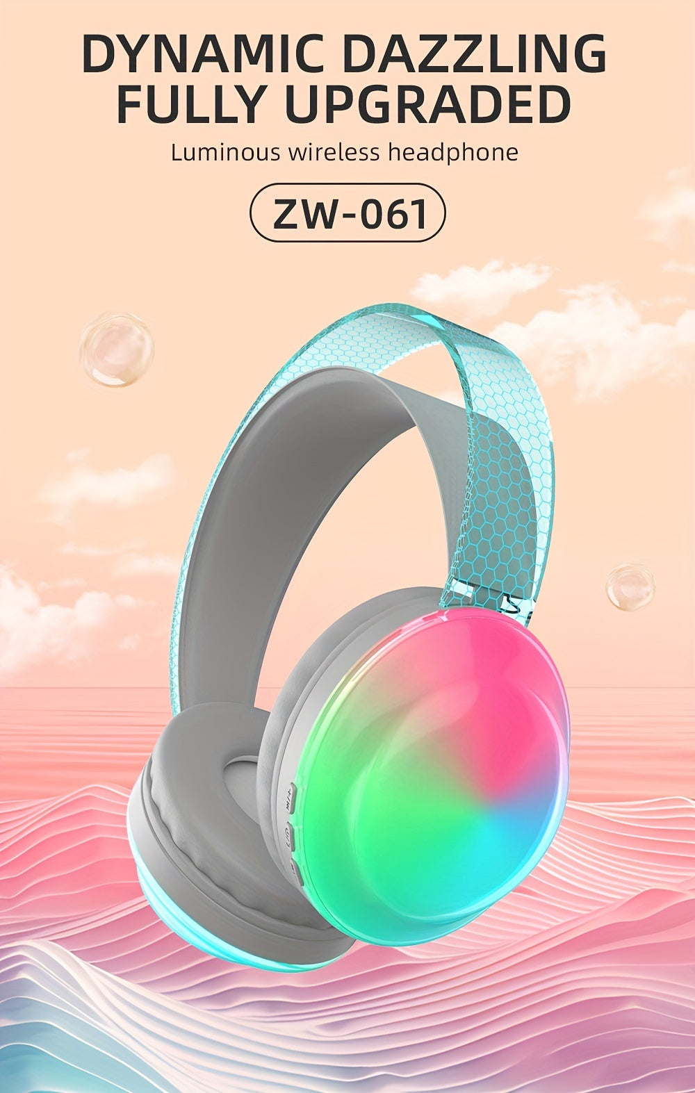 Casque sans fil léger 5.3 + EDR, casque circum-aural sans fil avec micro et lumières
