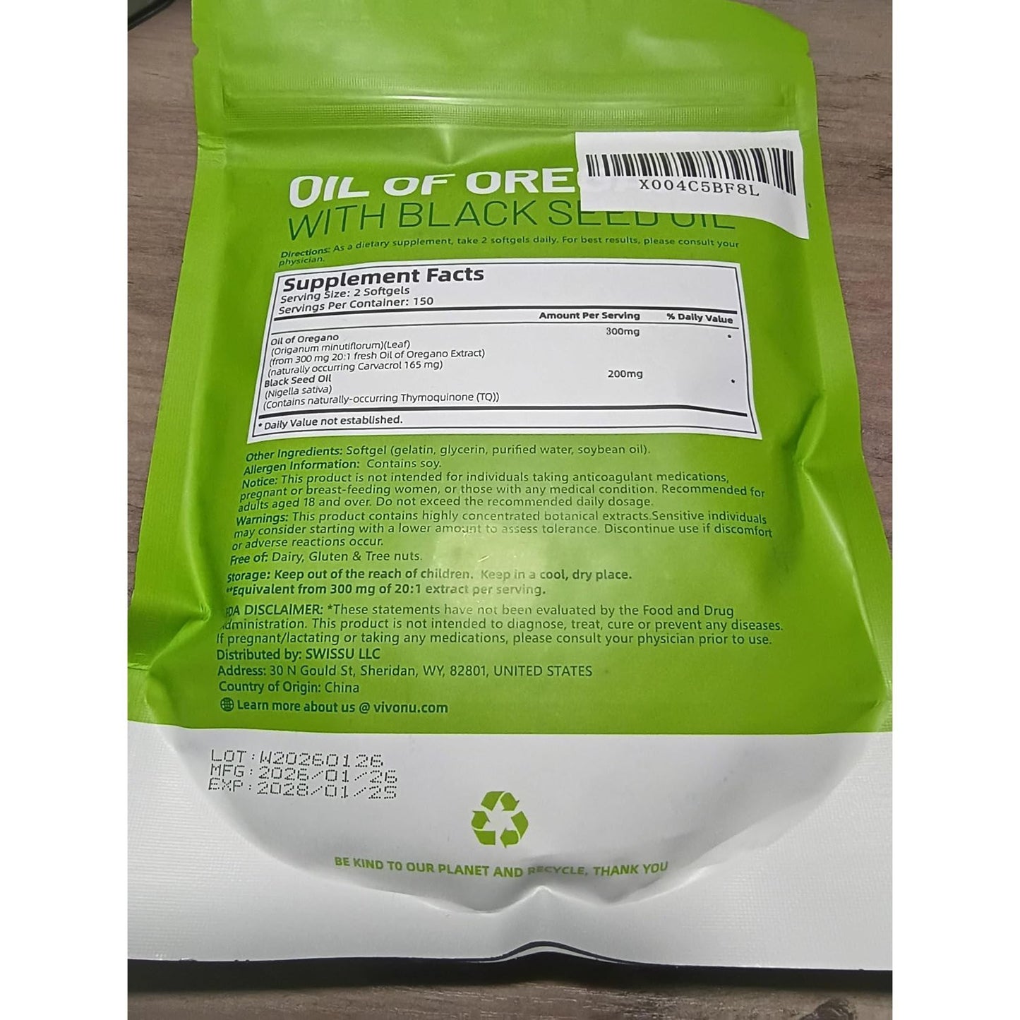VIVONU Oil of Oregano - Huile d'Origan & Graines Noires - Carvacrol & Thymoquinone - 300 Gélules