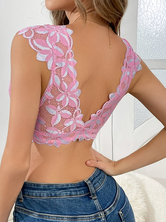 Soutien-gorge profondément décolleté en dentelle pour femme, fermeture avant contrastée, dos décoré