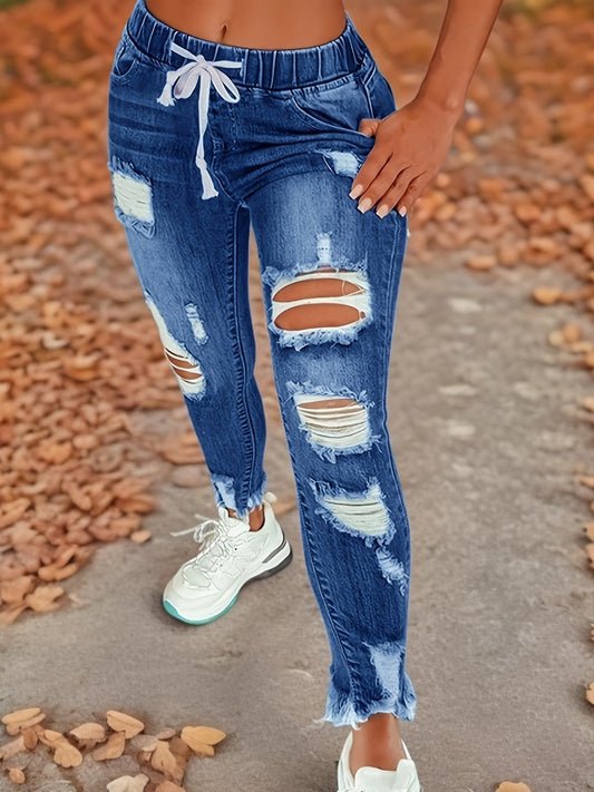 Pantalon en jean pour femme, taille élastique avec cordon de serrage, déchiré