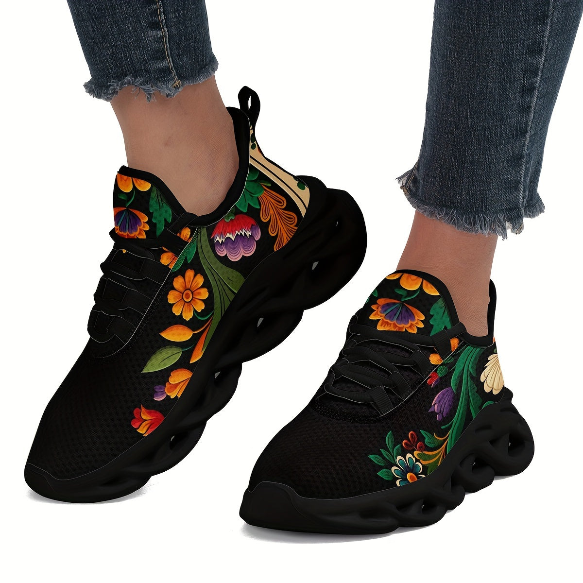 Chaussures de course à lacets à détails floraux pour femmes NOIR CN44(EU44)