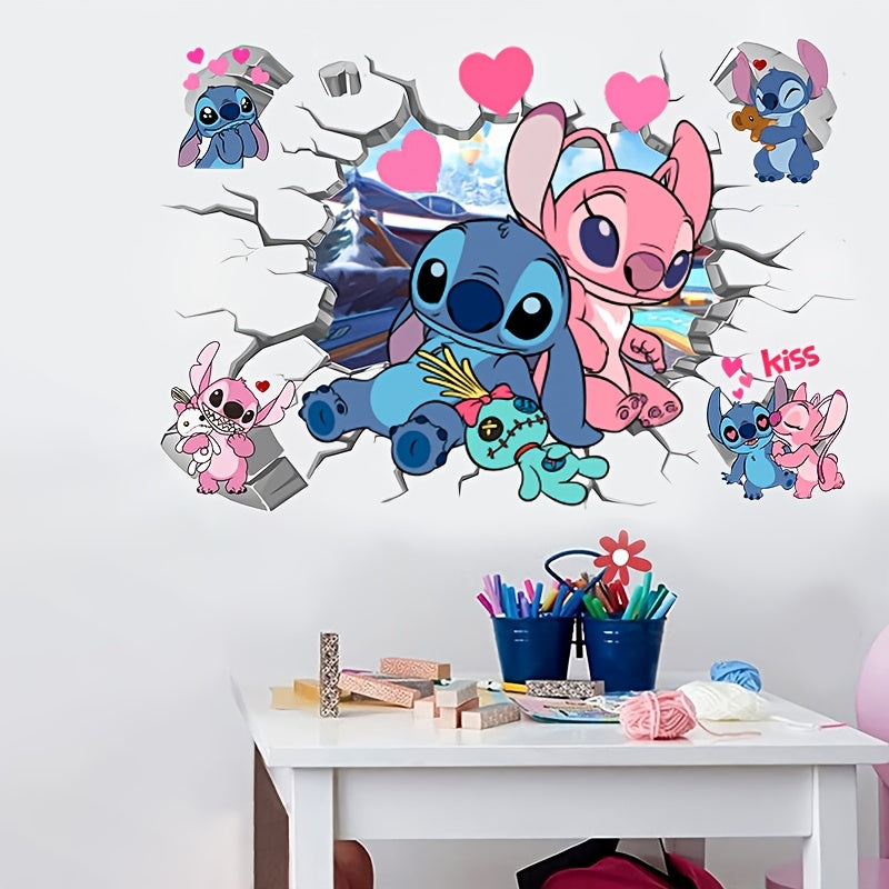 Stitch & Angel Heart Break Wall Decal - Large Waterproof PVC Sticker, Perfect for Bedroom & Playroom Decor, Featuring Beloved Cartoon Characters with Love Theme - Topdecheztop.fr