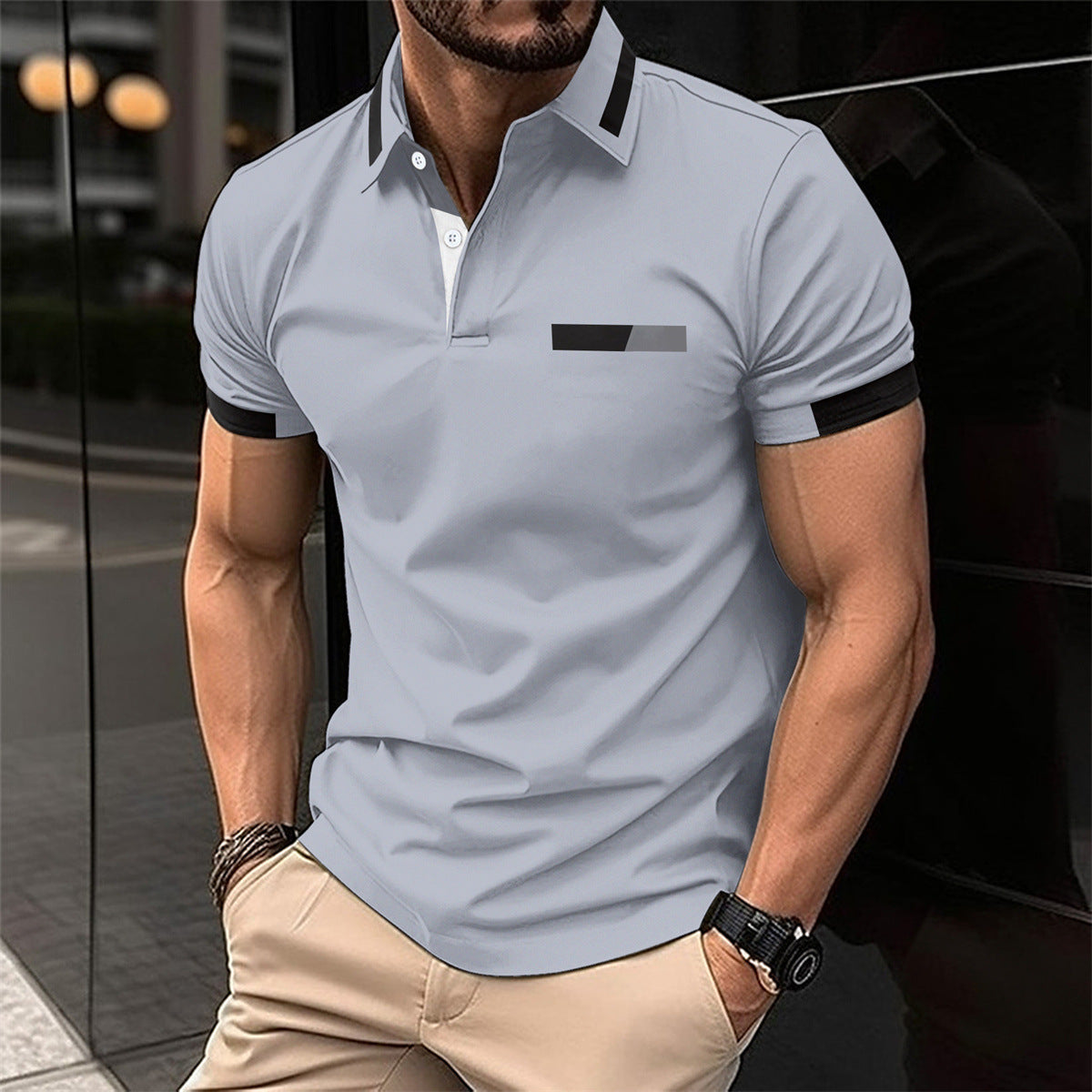 Polo décontracté pour homme, fausse poche poitrine, revers boutonné, style business
