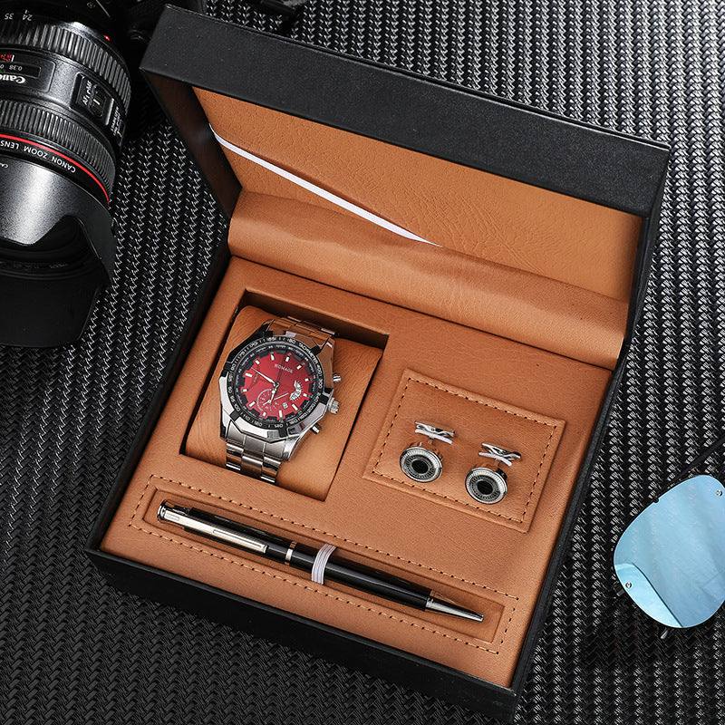 Montre à quartz avec calendrier et bracelet en acier, boutons de manchette en acier inoxydable, stylo