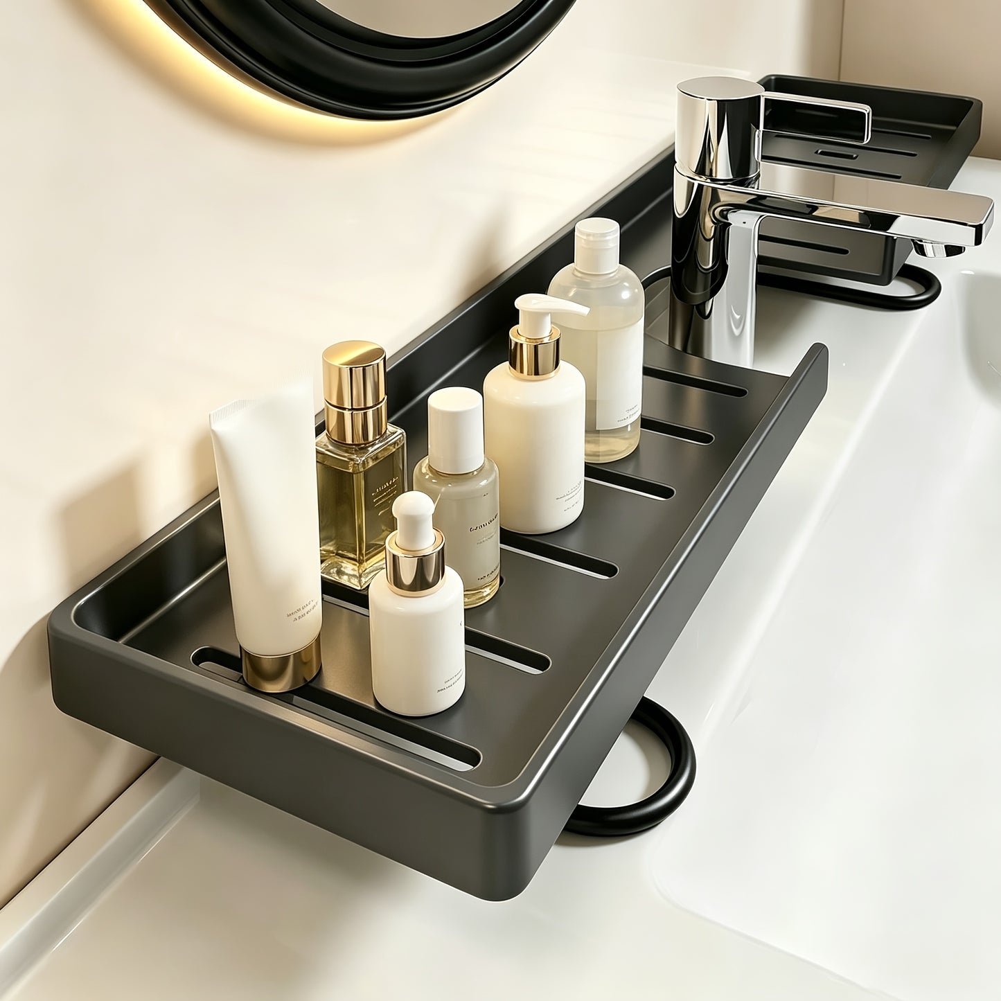Étagère de Robinet Acier au Carbone - Support Sans Perçage, Salle de Bain & Cuisine, Blanc/Gris