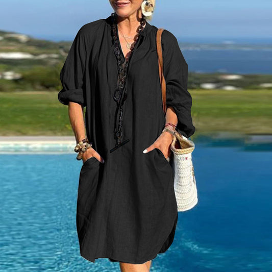 Robe en lin à manches longues et col en V pour femme, couleur unie - Topdecheztop.fr