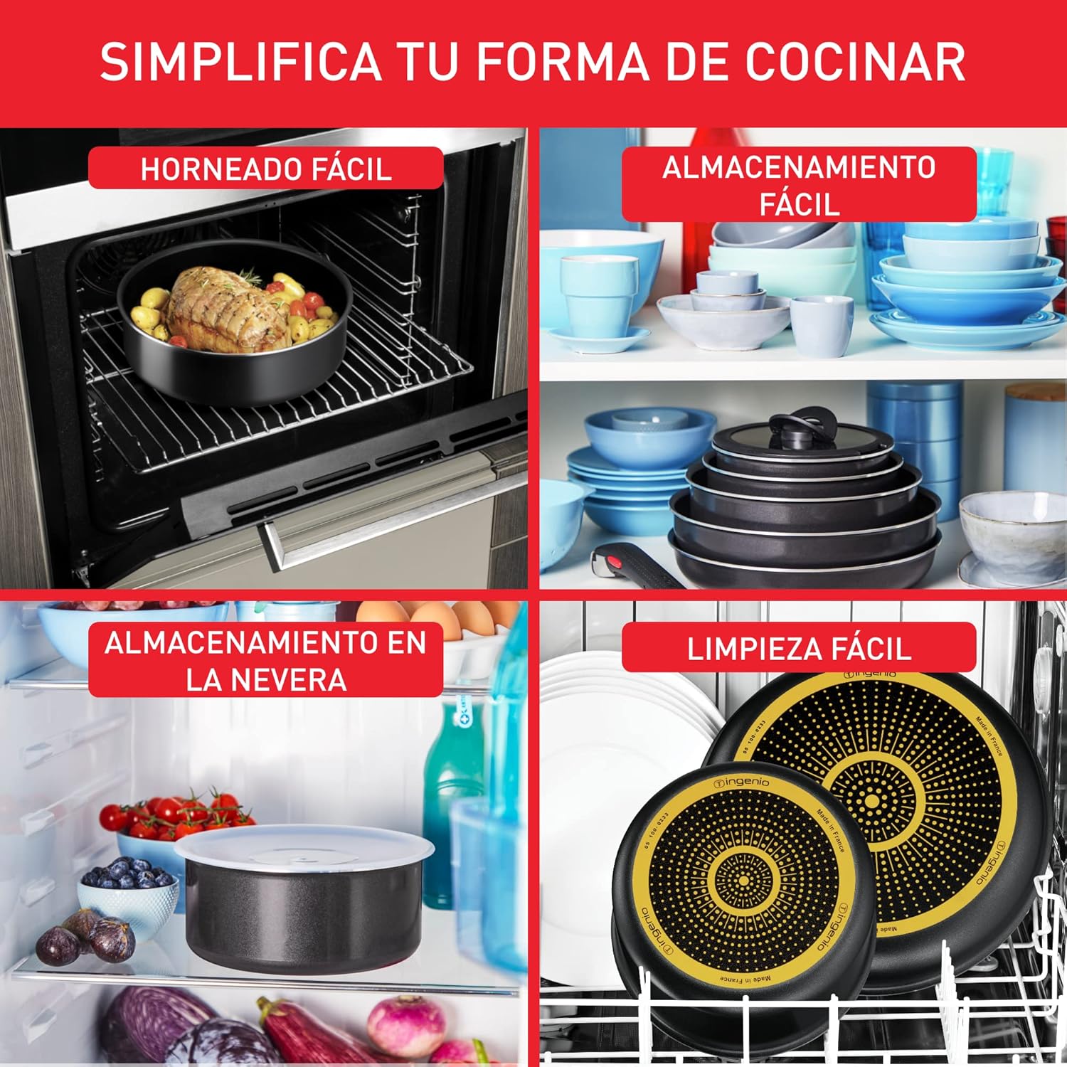 Tefal Ingenio Easy On Lot de 3 poêles de 22/24/26 cm, antiadhésifs, revêtement titane, thermosignal, poignée amovible, passe au lave-vaisselle et au four, ne convient pas à induction.