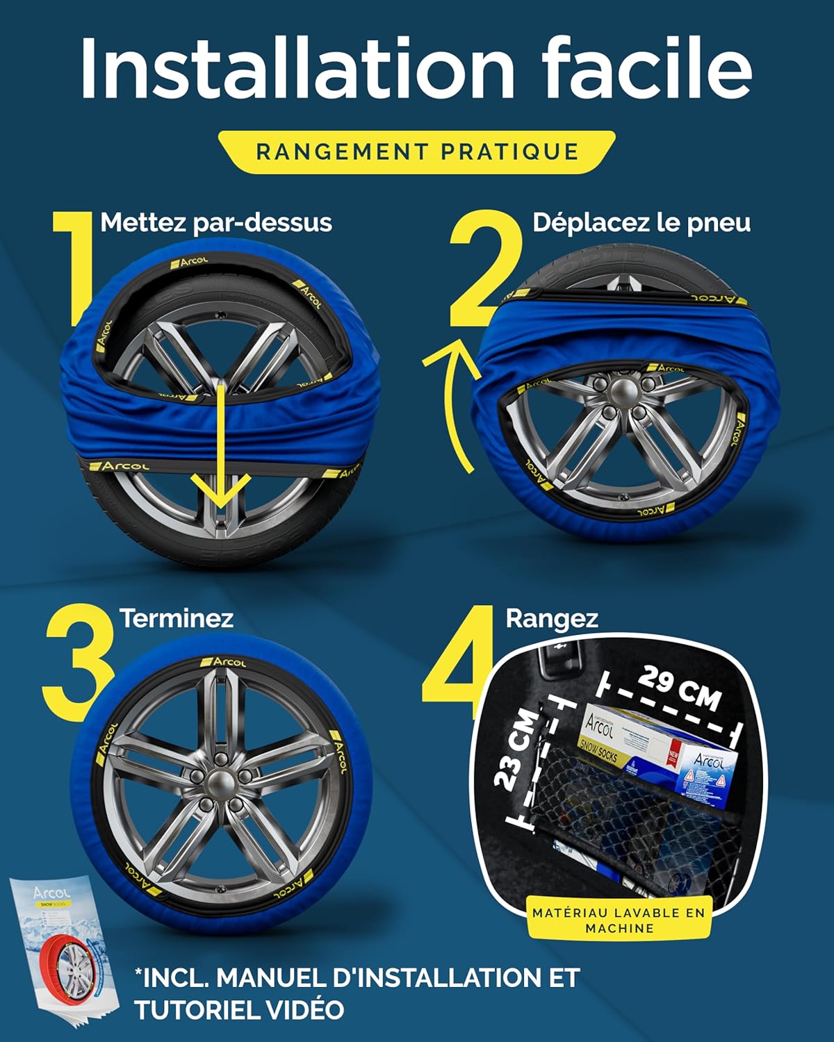 ARCOL Chaussettes à Neige Textile Homologué en 16662-1 - Deux Chaussette Neige pour Auto. Snow Sock Taille XL pour R14-R22 (Les Mesures pour Les Pneus sont Détaillées à L’intérieur) (Nova, XL)