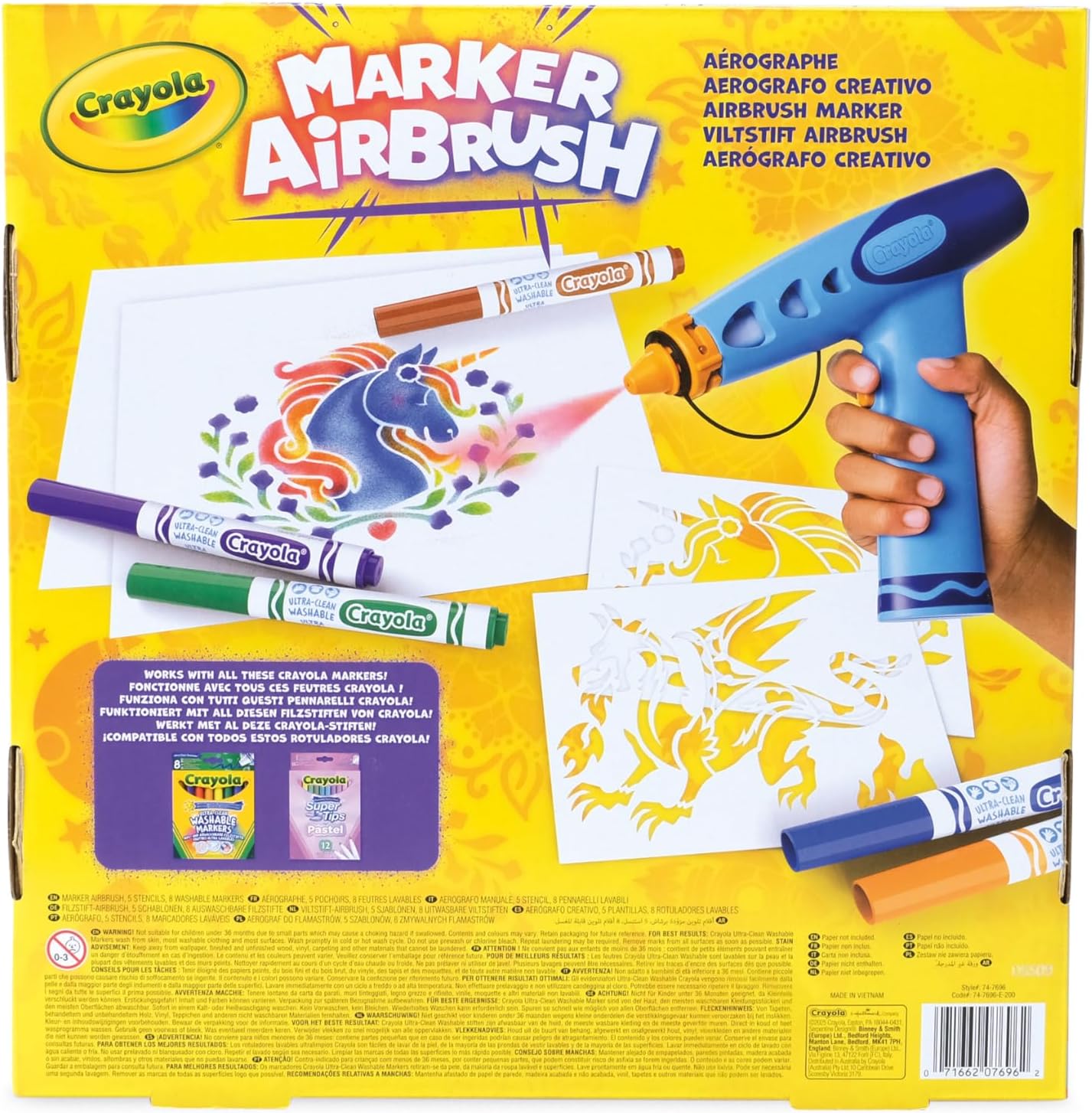CRAYOLA Marker Airbrush – Aérographe Créatif pour Enfants avec 8 Feutres Lavables et 5 Pochoirs – Jouet Éducatif pour Activités Artistiques, à partir de 6 Ans, 74-7696