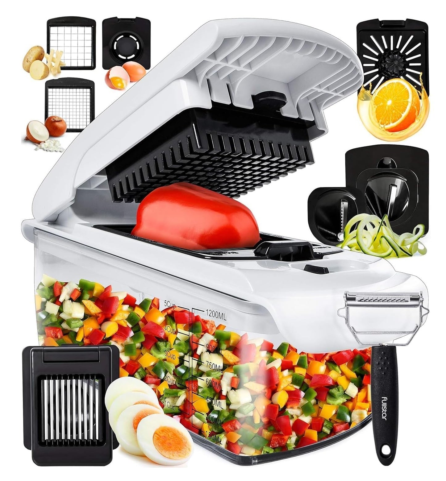 Fullstar Coupe Legumes Multifonction et Spiraliseur - Découpe en Cube - Hachoir Manuel pour Oignons Carottes Concombres Tomates Frites Pommes de Terre Fruits - Cuisine Accessoires (4-en-1 Blanc)