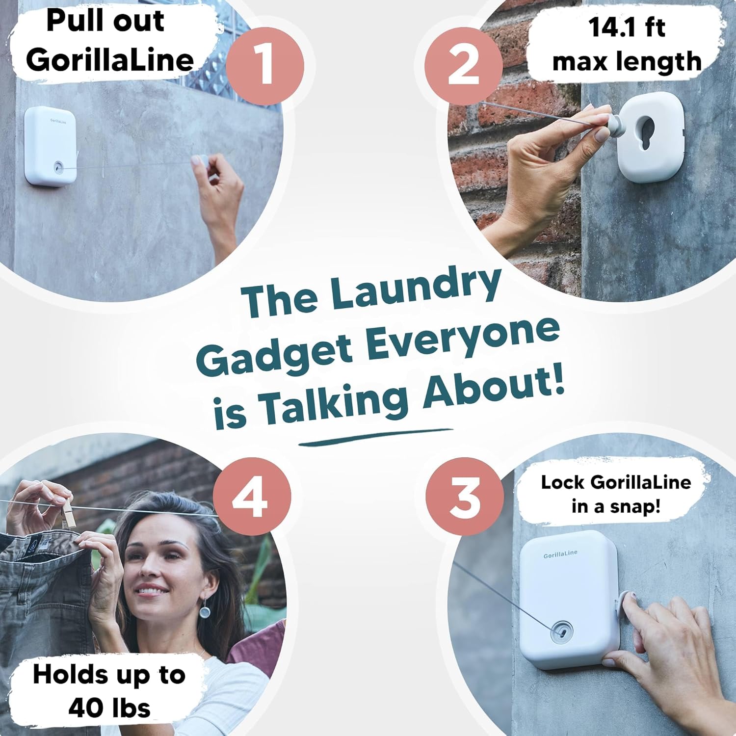 GorillaLine Corde à Linge rétractable pour intérieur et extérieur | Corde à Linge Robuste | Étendoir à Linge Mural | Suspension rétractable | Verrou pour éviter l'affaissement