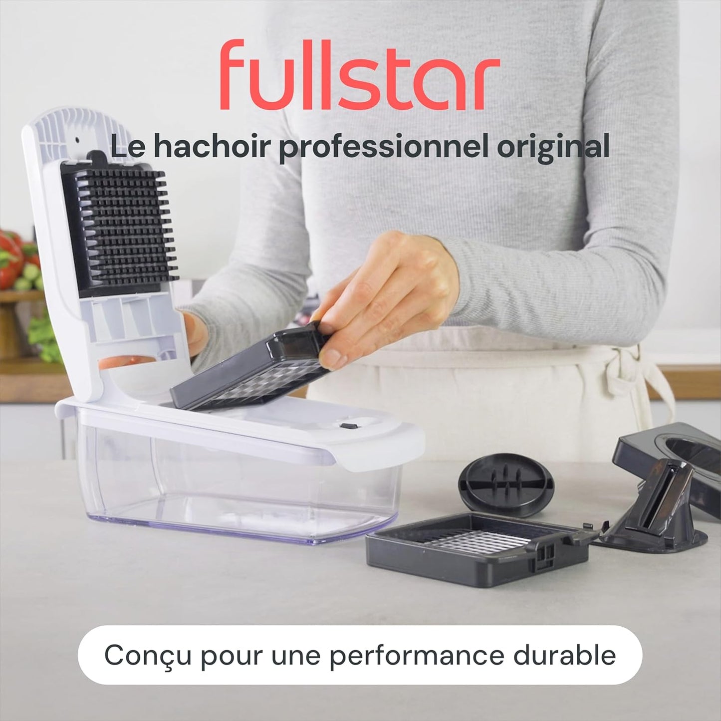 Fullstar Coupe Legumes Multifonction et Spiraliseur - Découpe en Cube - Hachoir Manuel pour Oignons Carottes Concombres Tomates Frites Pommes de Terre Fruits - Cuisine Accessoires (4-en-1 Blanc)