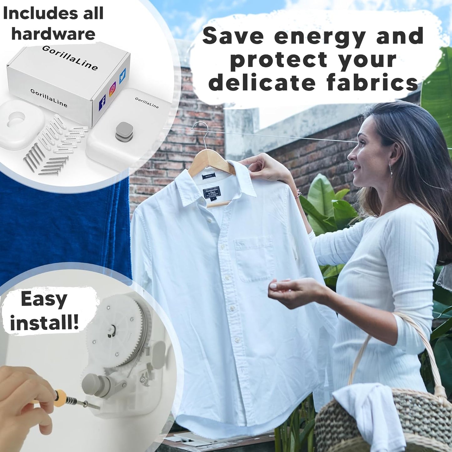 GorillaLine Corde à Linge rétractable pour intérieur et extérieur | Corde à Linge Robuste | Étendoir à Linge Mural | Suspension rétractable | Verrou pour éviter l'affaissement