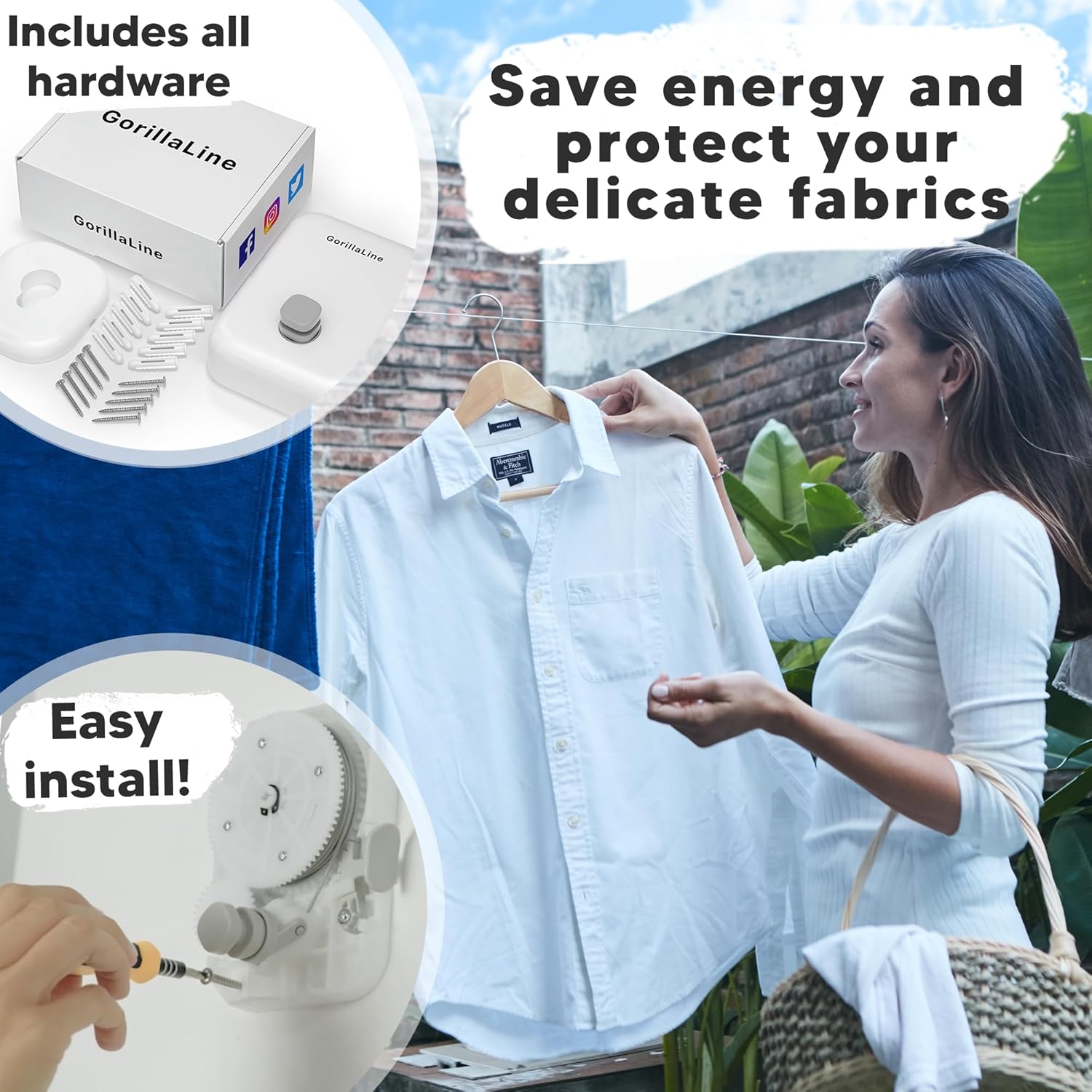 GorillaLine Corde à Linge rétractable pour intérieur et extérieur | Corde à Linge Robuste | Étendoir à Linge Mural | Suspension rétractable | Verrou pour éviter l'affaissement