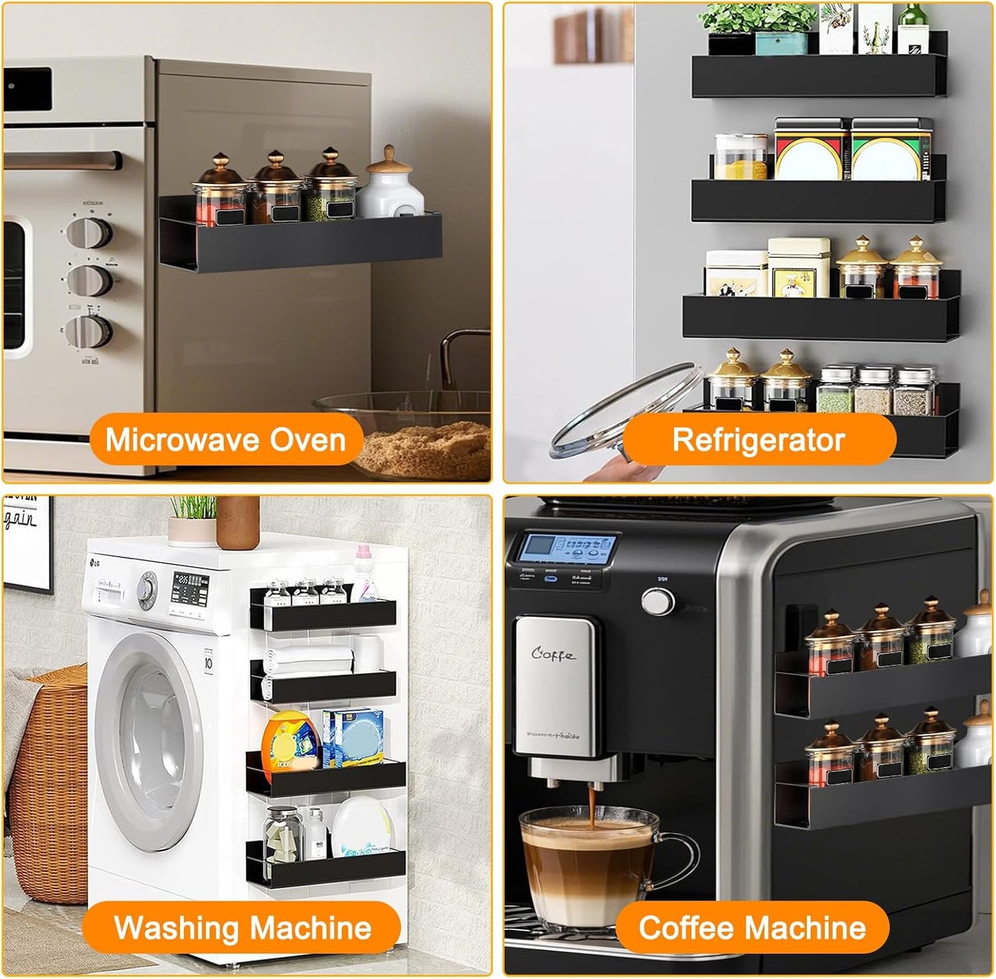 Étagère Réfrigérateur Magnétique, Lot de 4 Étagère à Épices, Sans Perçage, Organisateur à Épices pour Cuisine, Compatible Micro-Ondes, Noir