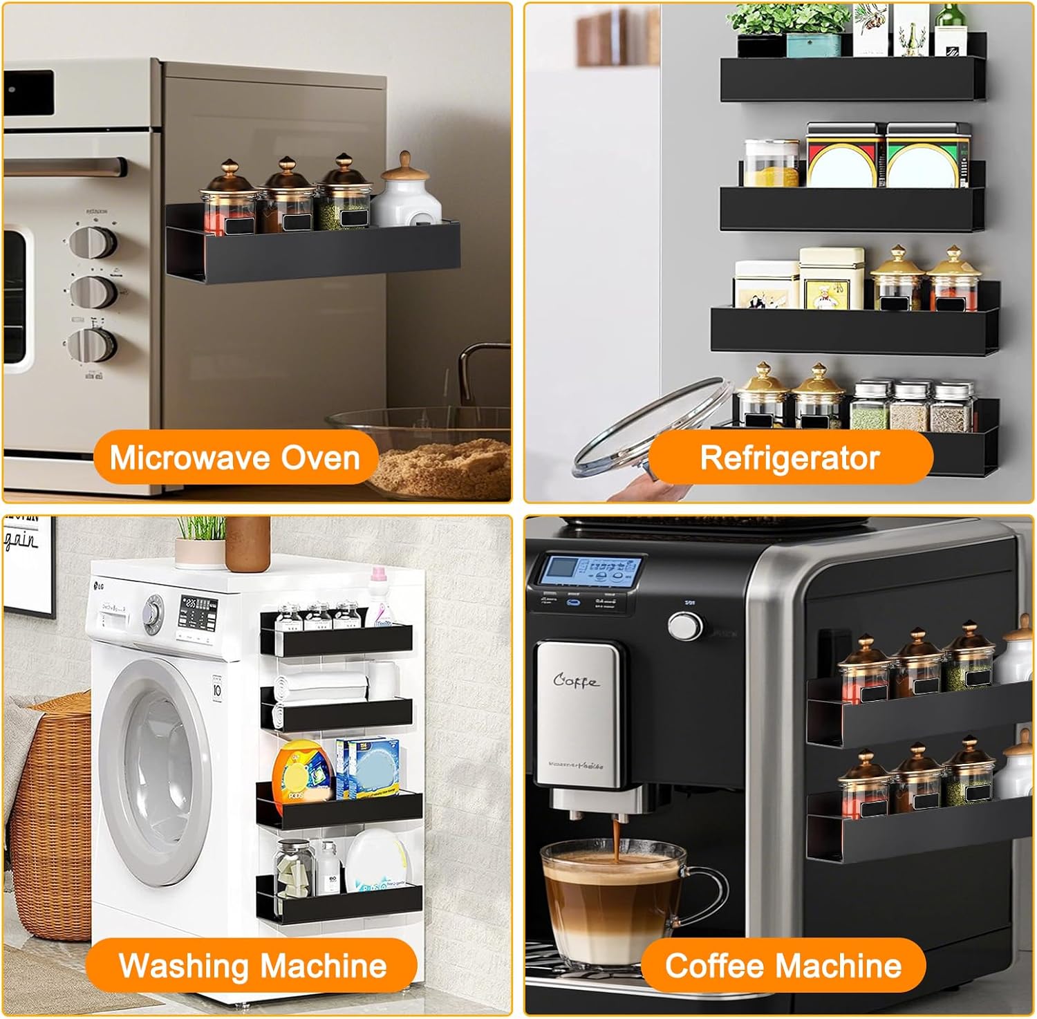 Étagère Réfrigérateur Magnétique, Lot de 4 Étagère à Épices, Sans Perçage, Organisateur à Épices pour Cuisine, Compatible Micro-Ondes, Noir