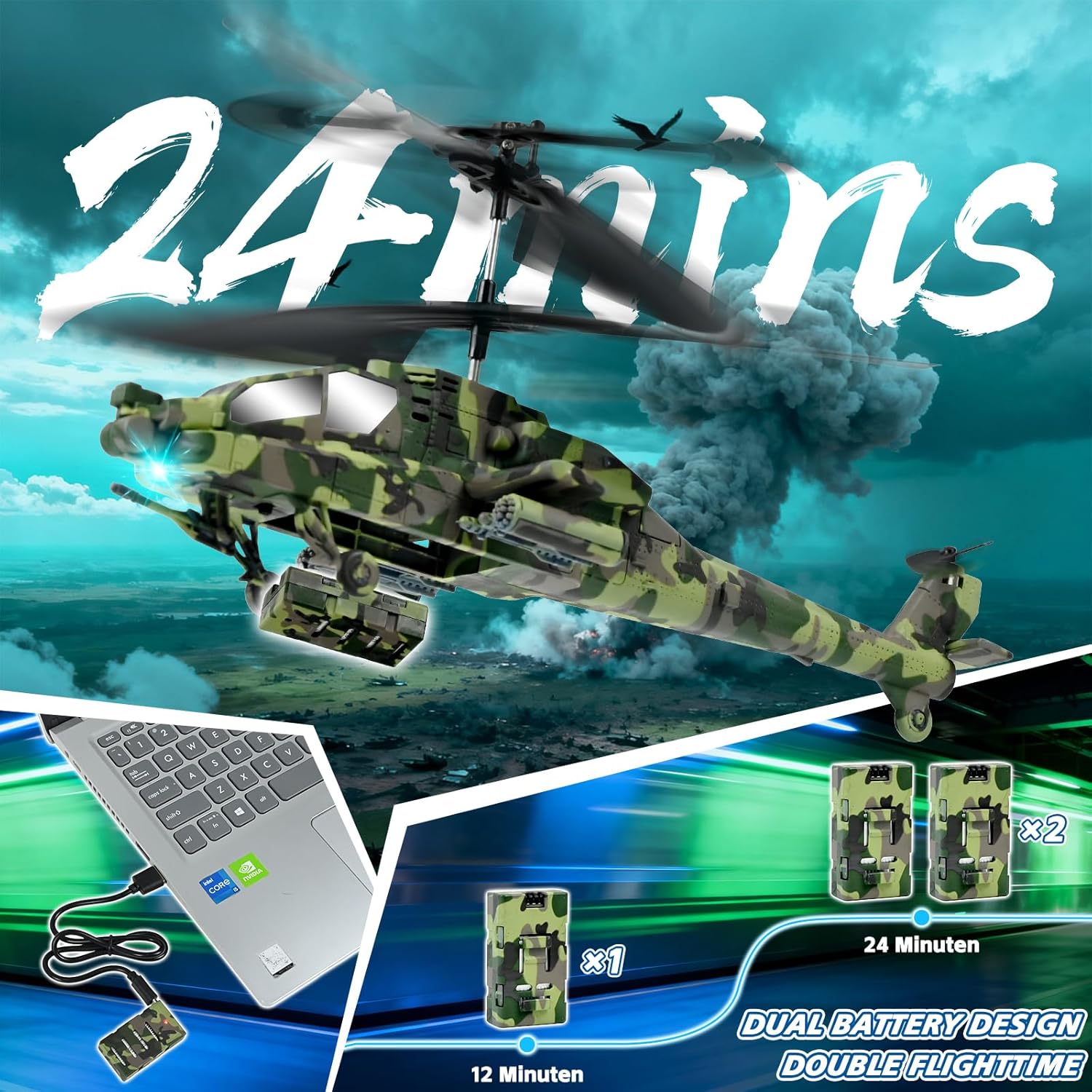 Hélicoptère Télécommandé Enfant, 2,4 GHz Hélicoptère RC Militaire, Avion RC avec 2 Piles et Lumière LED avec Fonction de Décollage à Une Touche, Jouet en intérieur Enfants (Vert Militaire)