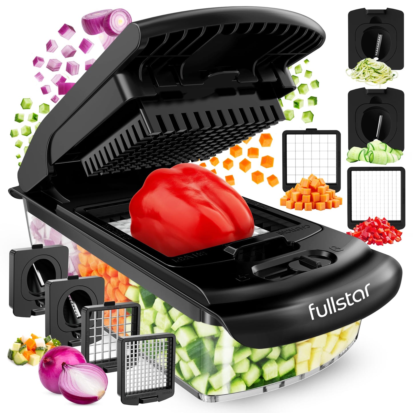 Fullstar Coupe Legumes Multifonction et Spiraliseur - Découpe en Cube - Hachoir Manuel pour Oignons Carottes Concombres Tomates Frites Pommes de Terre Fruits - Cuisine Accessoires (4-en-1 Blanc)