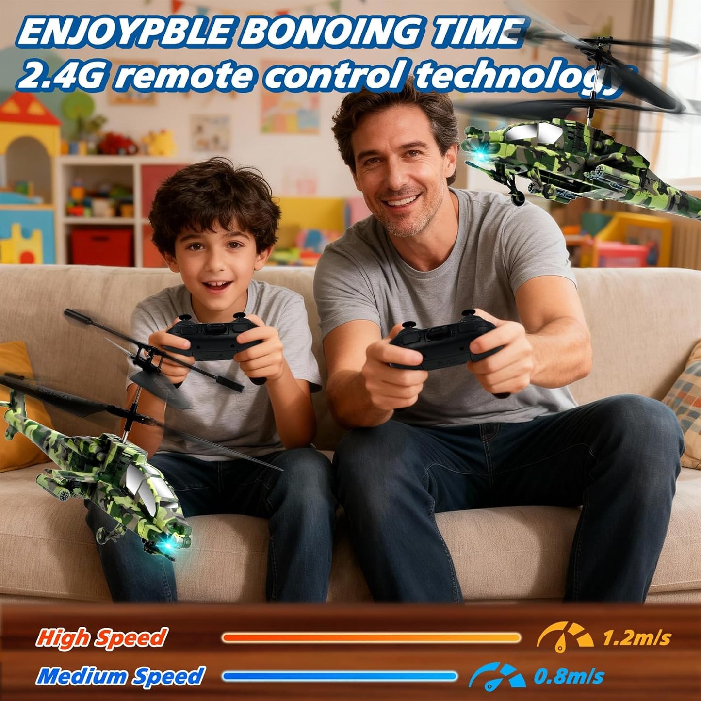 Hélicoptère Télécommandé Enfant, 2,4 GHz Hélicoptère RC Militaire, Avion RC avec 2 Piles et Lumière LED avec Fonction de Décollage à Une Touche, Jouet en intérieur Enfants (Vert Militaire)