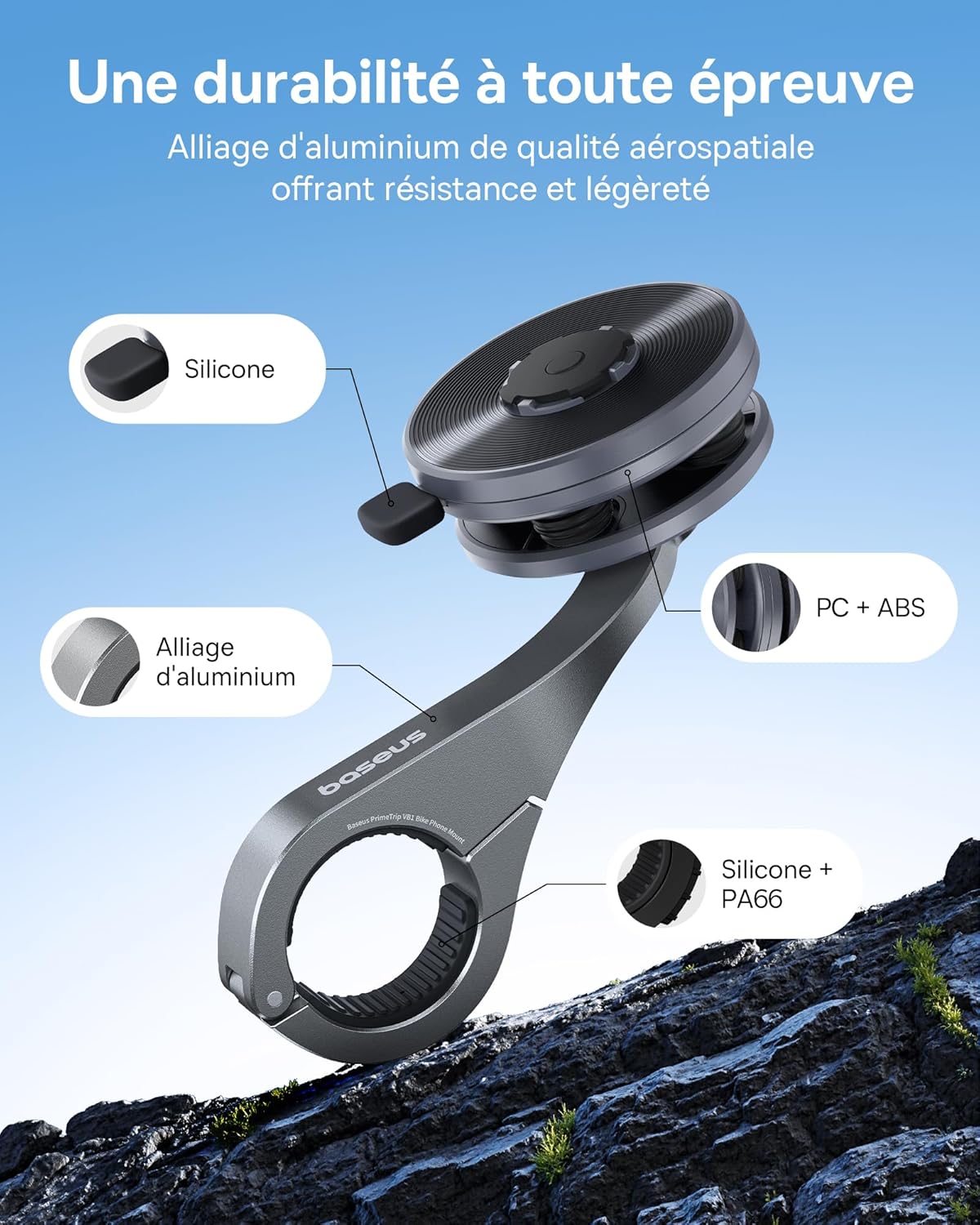 Baseus PrimeTrip VB1 Support Téléphone Vélo, Support Universel Smartphone Vélo, Support Anti-Vibration pour iPhone 16 15 14 13 Pro Max Plus, Samsung S23