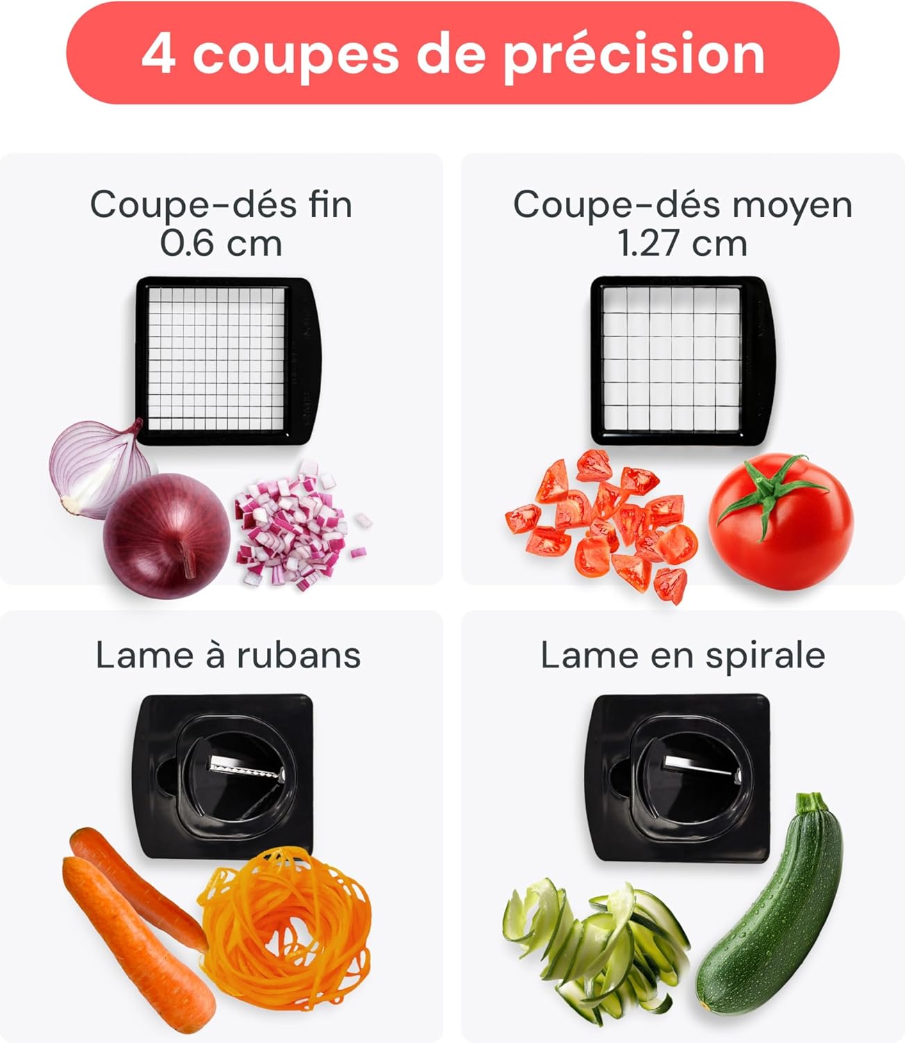 Fullstar Coupe Legumes Multifonction et Spiraliseur - Découpe en Cube - Hachoir Manuel pour Oignons Carottes Concombres Tomates Frites Pommes de Terre Fruits - Cuisine Accessoires (4-en-1 Blanc)