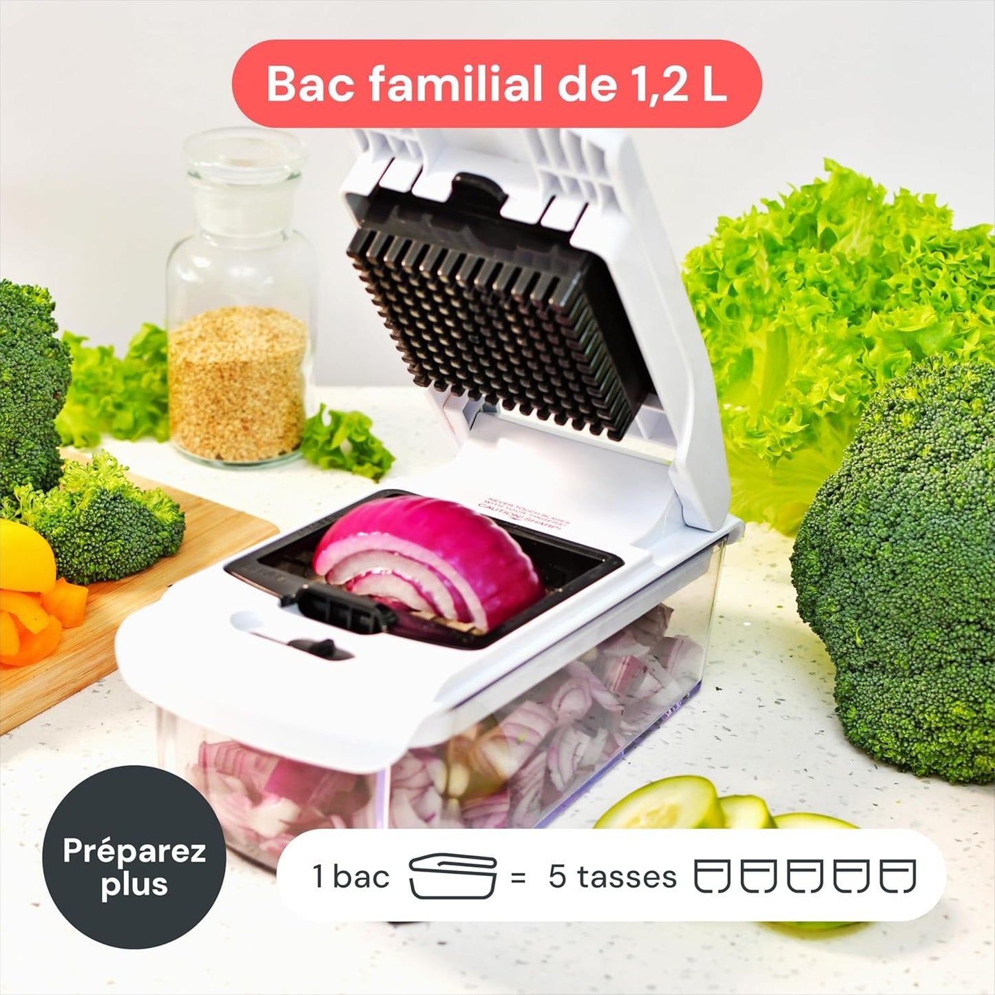 Fullstar Coupe Legumes Multifonction et Spiraliseur - Découpe en Cube - Hachoir Manuel pour Oignons Carottes Concombres Tomates Frites Pommes de Terre Fruits - Cuisine Accessoires (4-en-1 Blanc)