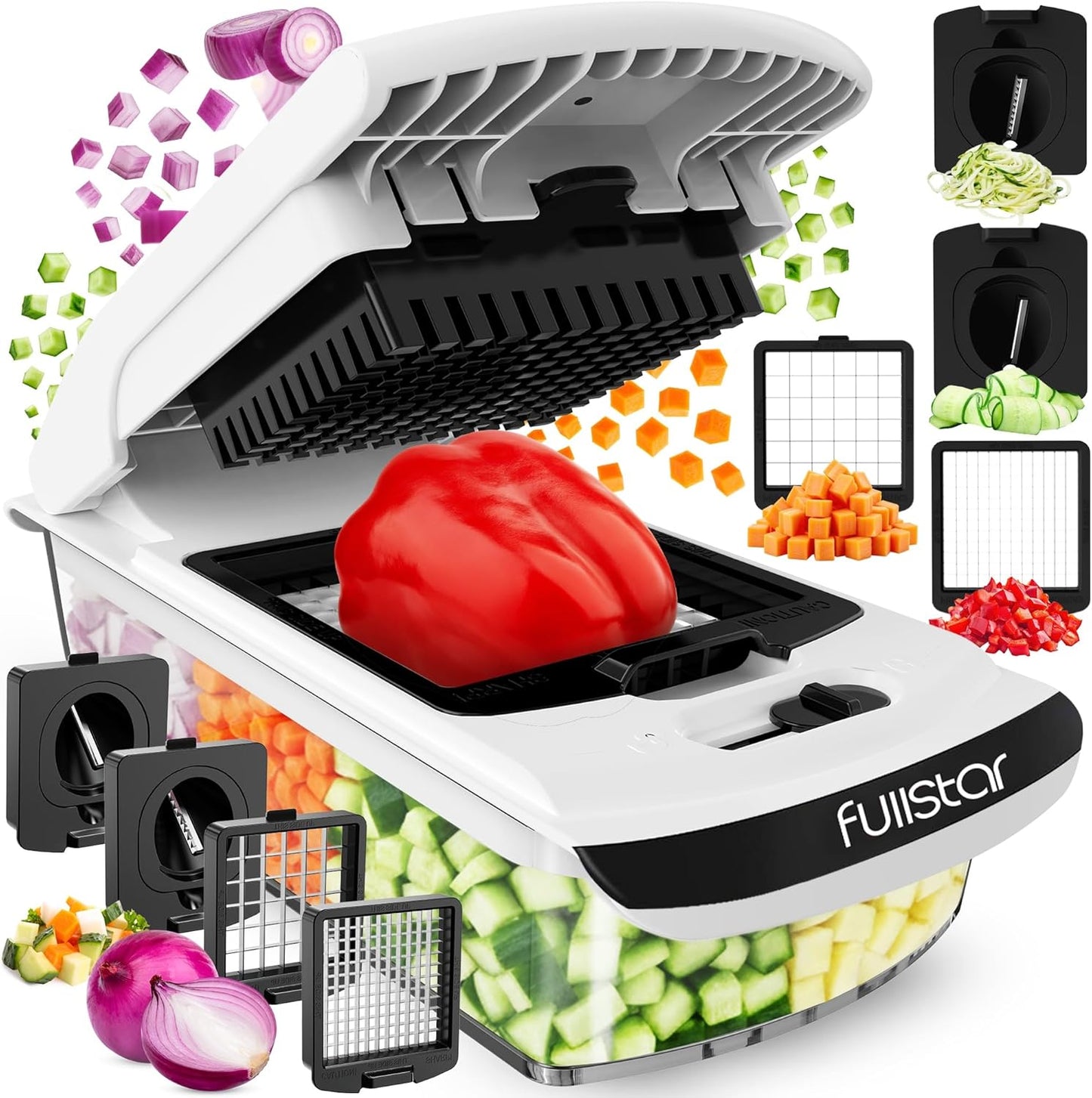 Fullstar Coupe Legumes Multifonction et Spiraliseur - Découpe en Cube - Hachoir Manuel pour Oignons Carottes Concombres Tomates Frites Pommes de Terre Fruits - Cuisine Accessoires (4-en-1 Blanc)