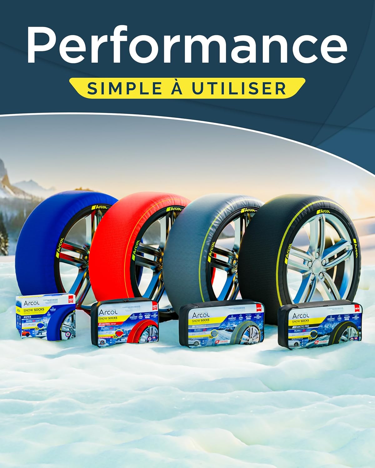 ARCOL Chaussettes à Neige Textile Homologué en 16662-1 - Deux Chaussette Neige pour Auto. Snow Sock Taille XL pour R14-R22 (Les Mesures pour Les Pneus sont Détaillées à L’intérieur) (Nova, XL)