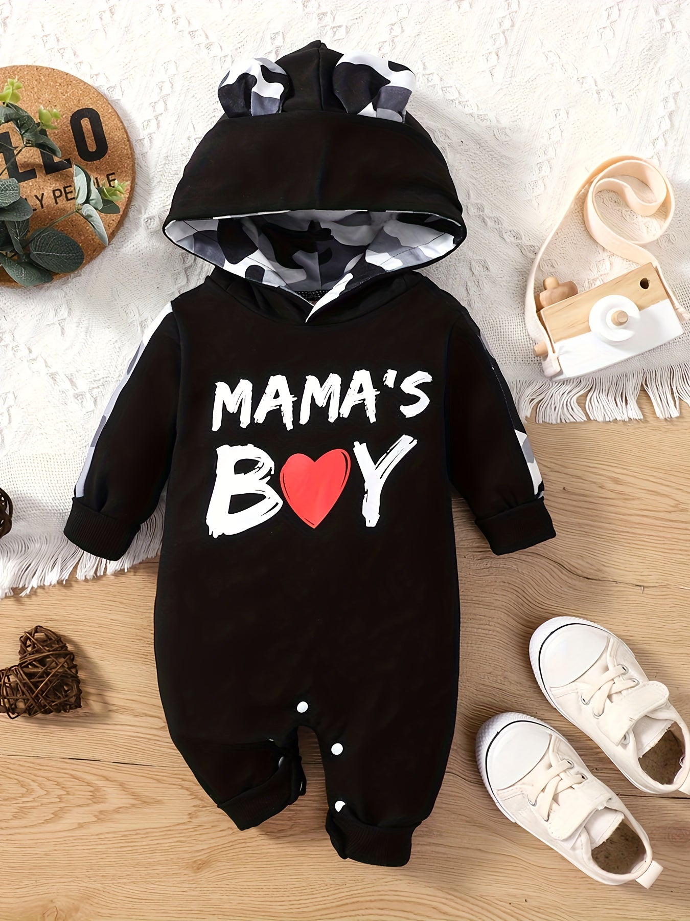 Infant's "Mama's Boy" Print Hooded Bodysuit, Comfy Long Sleeve Onesie, Baby Boy's Clothing - Topdecheztop.fr