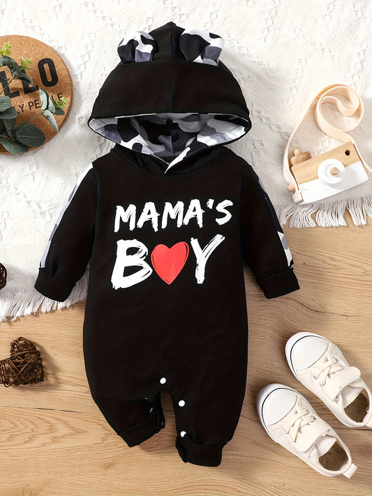 Infant's "Mama's Boy" Print Hooded Bodysuit, Comfy Long Sleeve Onesie, Baby Boy's Clothing - Topdecheztop.fr