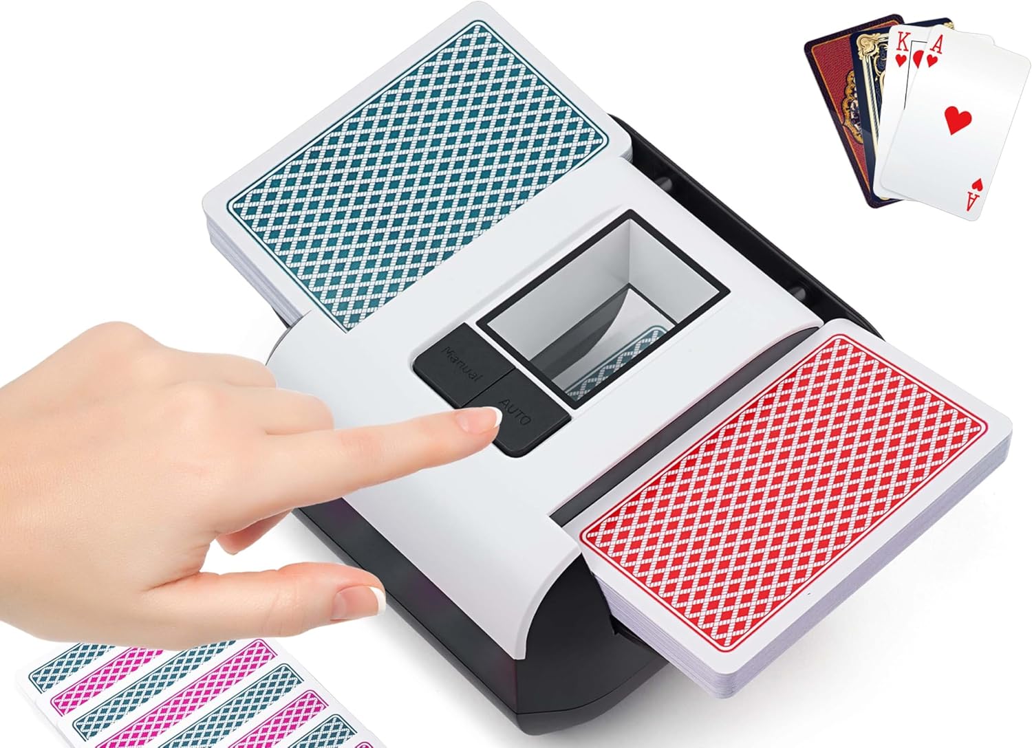 Mélangeur de Cartes Automatique, Mélangeur Électrique pour 1-2 Ponts Mode Auto & Manuel Rechargeable 2000mAh Faible Bruit Idéal pour Poker UNO Blackjack Skip-Bo Phase 10 Texas Hold'em Belote