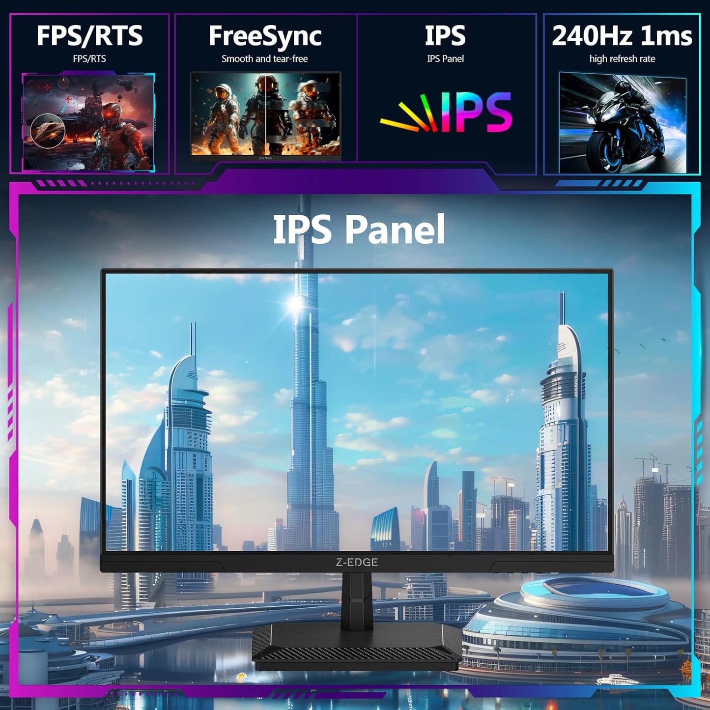 Z-Edge Ecran Gaming 25'' 240 Hz, IPS Panel, FHD 1080P, 1ms MPRT, FreeSync, Moniteur PC Gamer LED 16:9, Inclinaison Réglable, 350cd/m², HDMI2.0 & DP1.4, VESA 100 * 100mm (HDMI Câble Inclus)