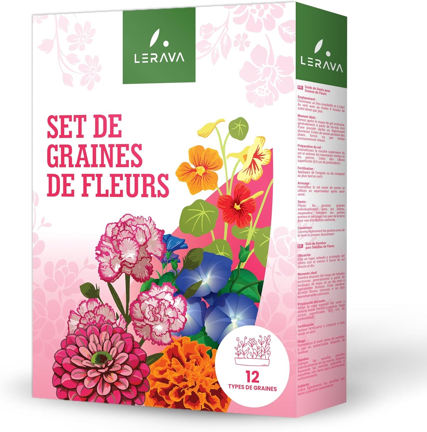 LERAVA Graines fleurs à semer (12 variétés) - graines de fleurs de haute qualité - germination rapide et plantation facile - mélange fleuri pour jardin et balcon - kit de semis made in Italy