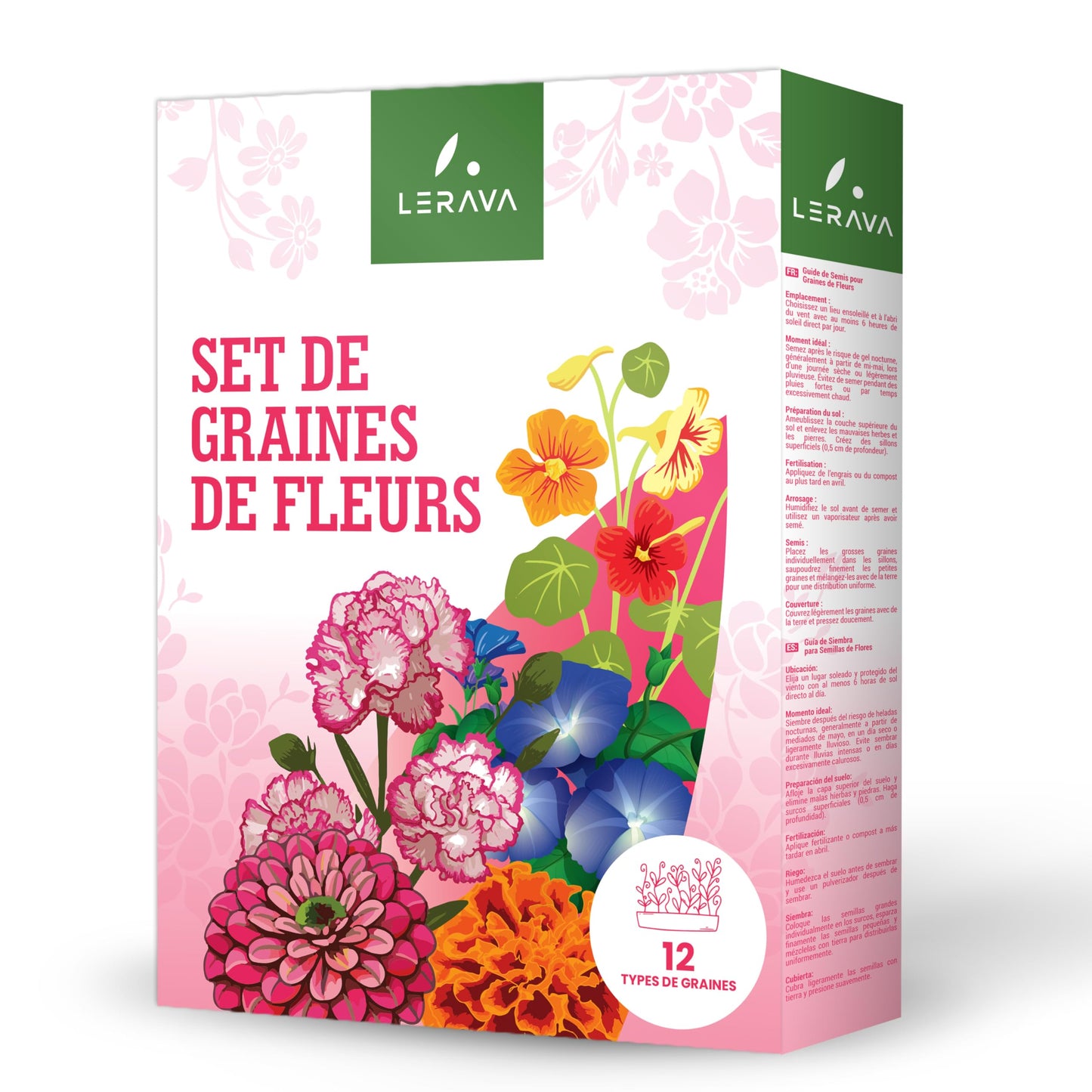 LERAVA Graines fleurs à semer (12 variétés) - graines de fleurs de haute qualité - germination rapide et plantation facile - mélange fleuri pour jardin et balcon - kit de semis made in Italy
