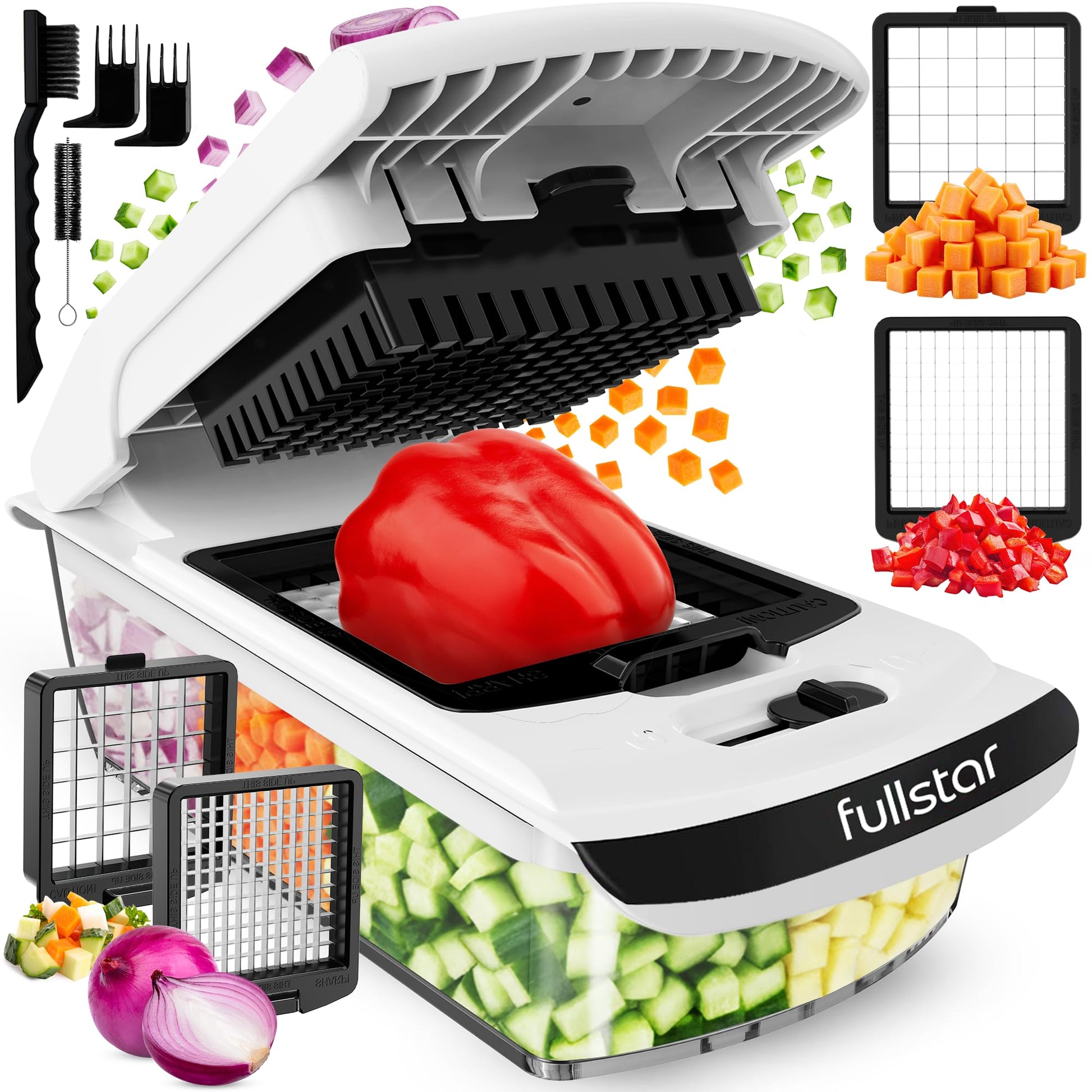 Fullstar Coupe Legumes Multifonction et Spiraliseur - Découpe en Cube - Hachoir Manuel pour Oignons Carottes Concombres Tomates Frites Pommes de Terre Fruits - Cuisine Accessoires (4-en-1 Blanc)