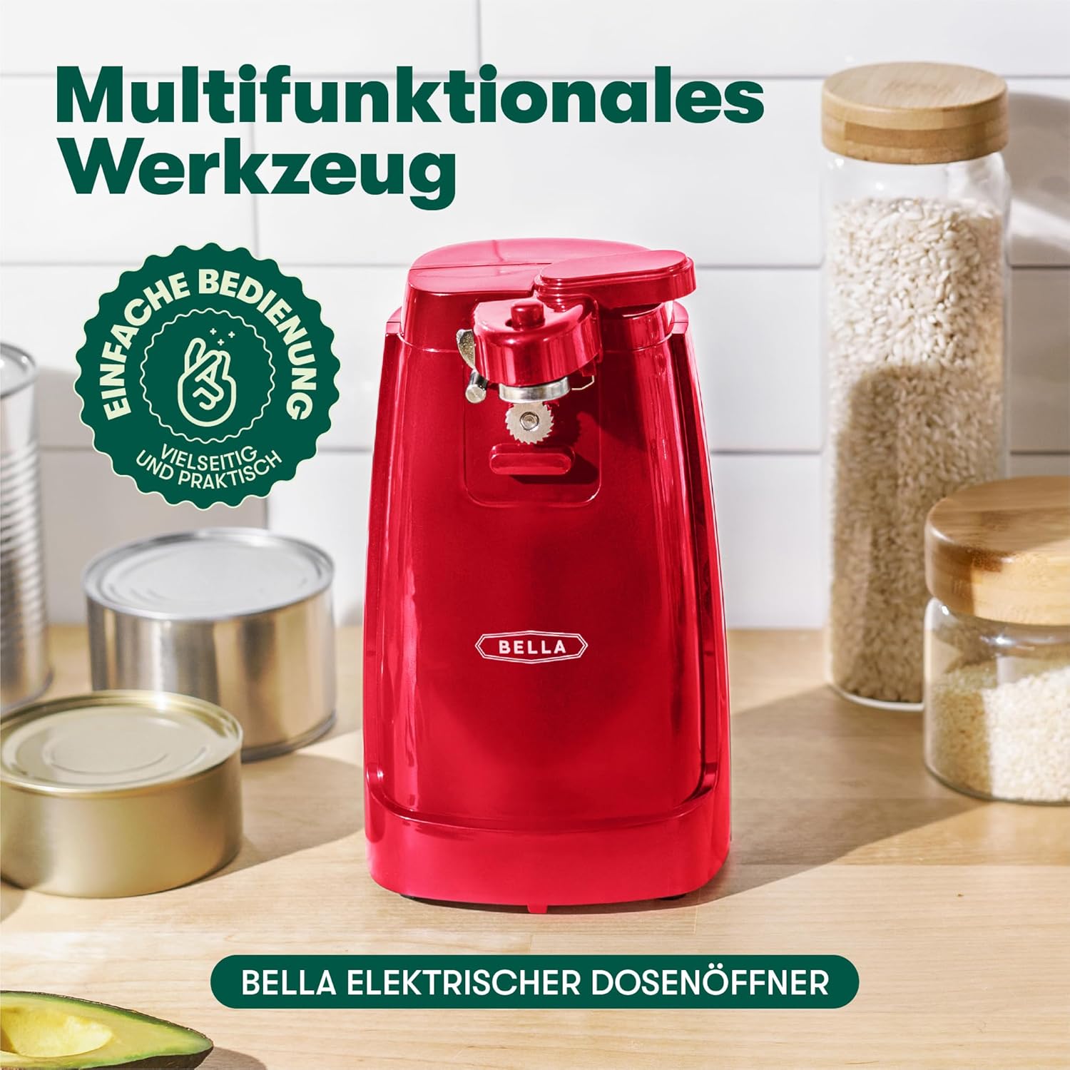 bella Ouvre-boîte Électrique et Aiguiseur de Couteaux, Ouvre-bocal et Décapsuleur Multifonction avec Levier de Coupe Amovible et Rangement de Câble, Lame en Acier Inoxydable, Rouge