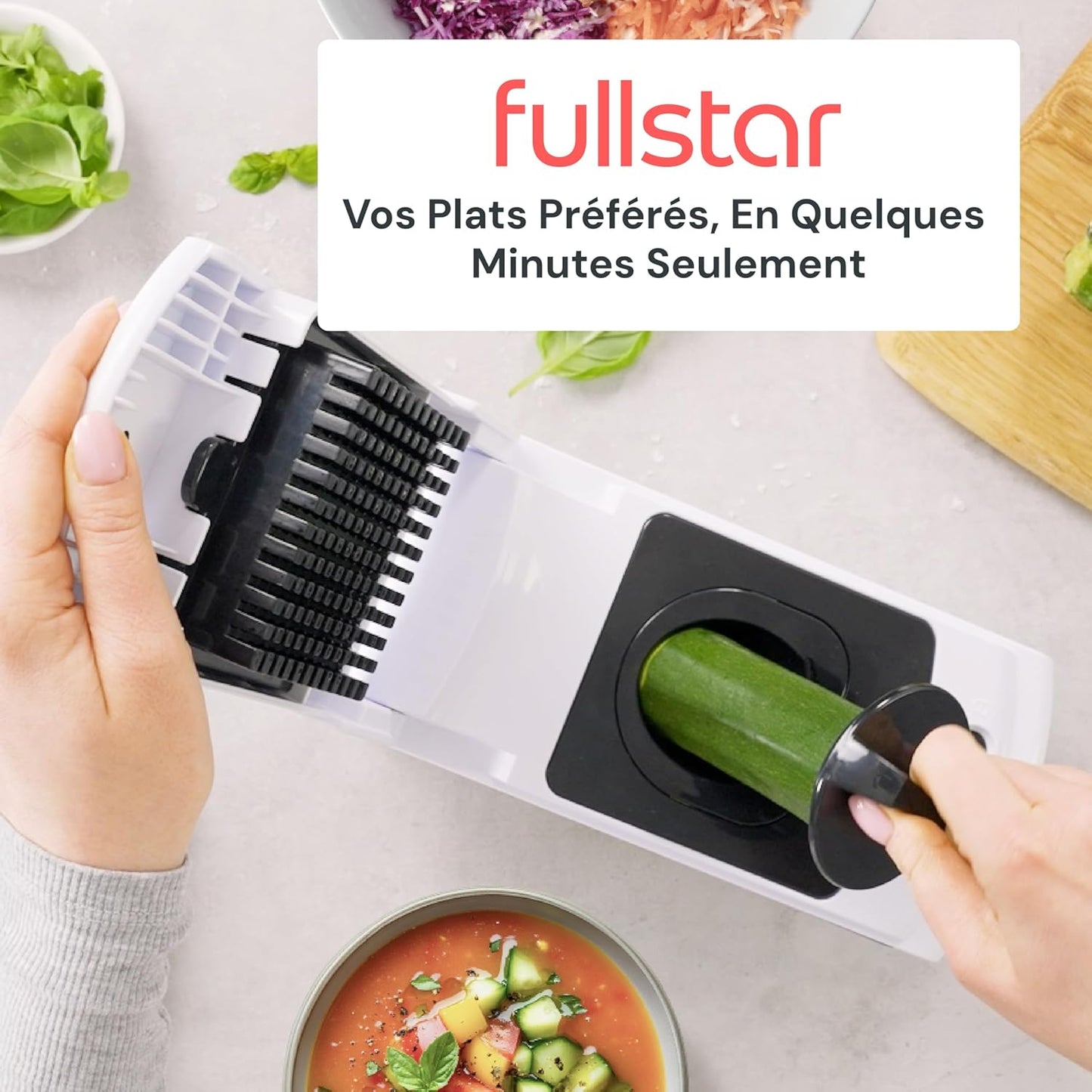 Fullstar Coupe Legumes Multifonction et Spiraliseur - Découpe en Cube - Hachoir Manuel pour Oignons Carottes Concombres Tomates Frites Pommes de Terre Fruits - Cuisine Accessoires (4-en-1 Blanc)