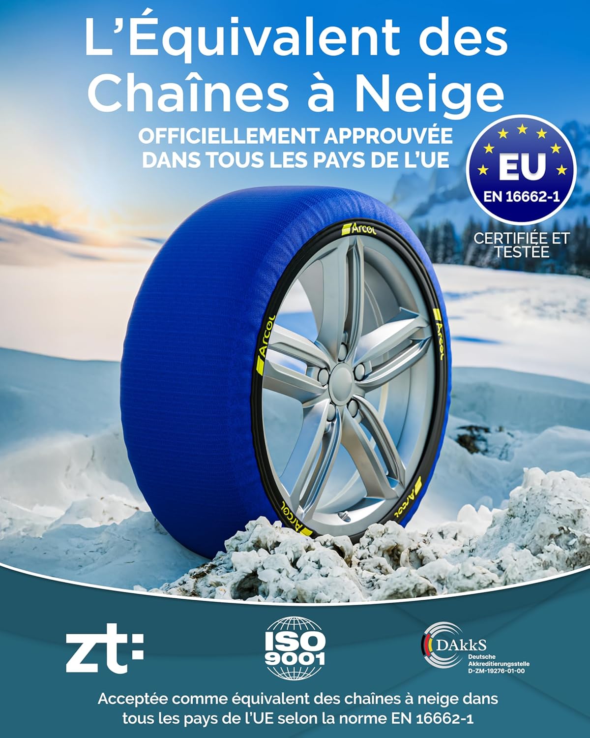 ARCOL Chaussettes à Neige Textile Homologué en 16662-1 - Deux Chaussette Neige pour Auto. Snow Sock Taille XL pour R14-R22 (Les Mesures pour Les Pneus sont Détaillées à L’intérieur) (Nova, XL)