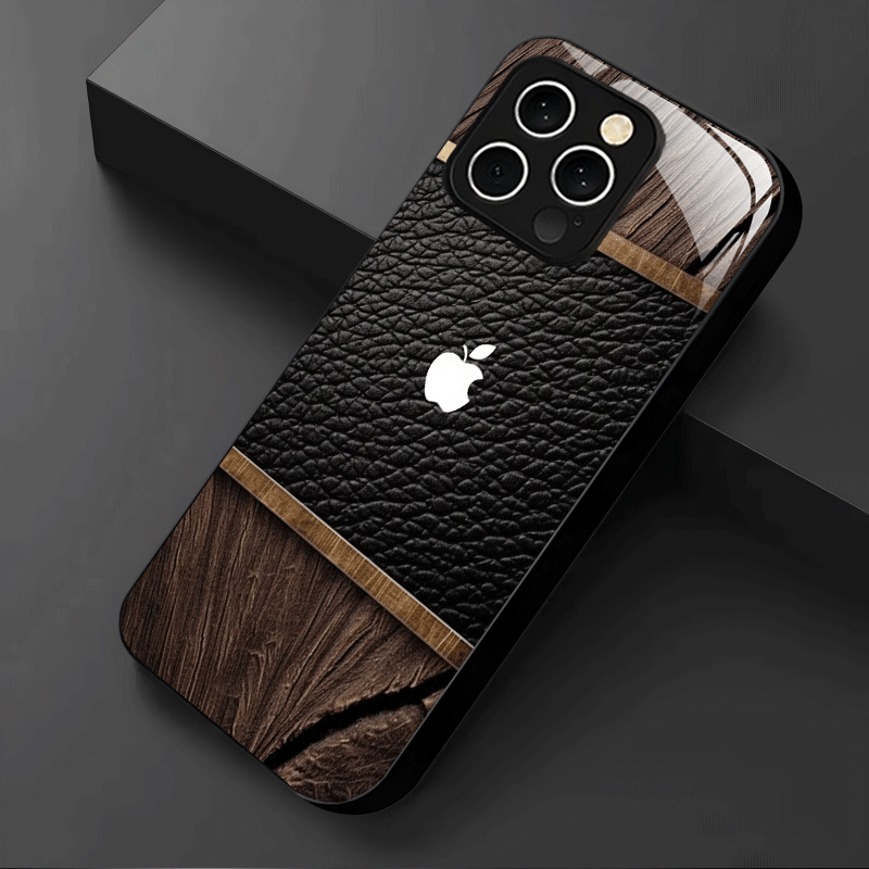 Étui en bois, cuir et verre blanc avec logo Apple pour iPhone