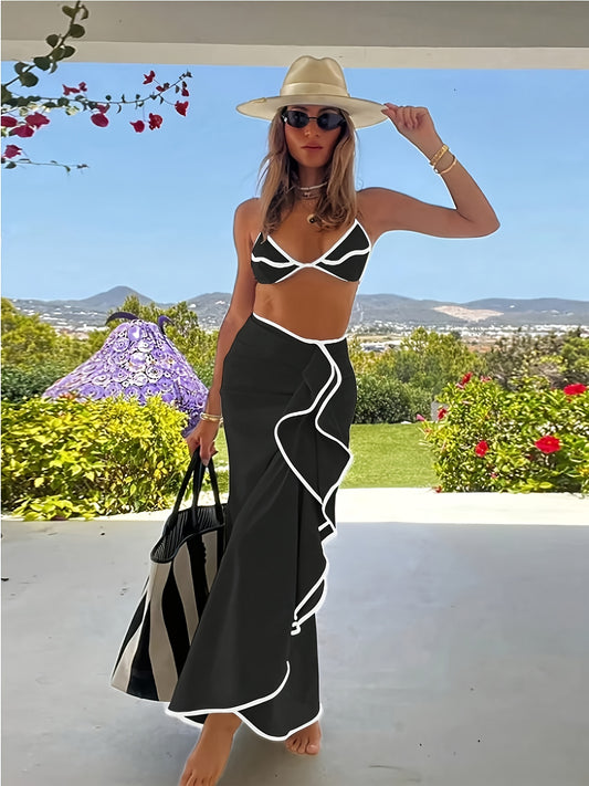 Ensemble bikini 3 pièces pour femme, couleur unie