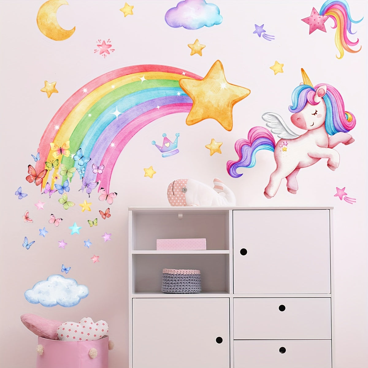 1pc Whimsical Rainbow Unicorn & Butterfly Wall Decals - Vibrant, Self-Adhesive Bedroom Stickers, Easy to Apply, No Power Needed, Perfect for Girls' Room Decor - Topdecheztop.fr