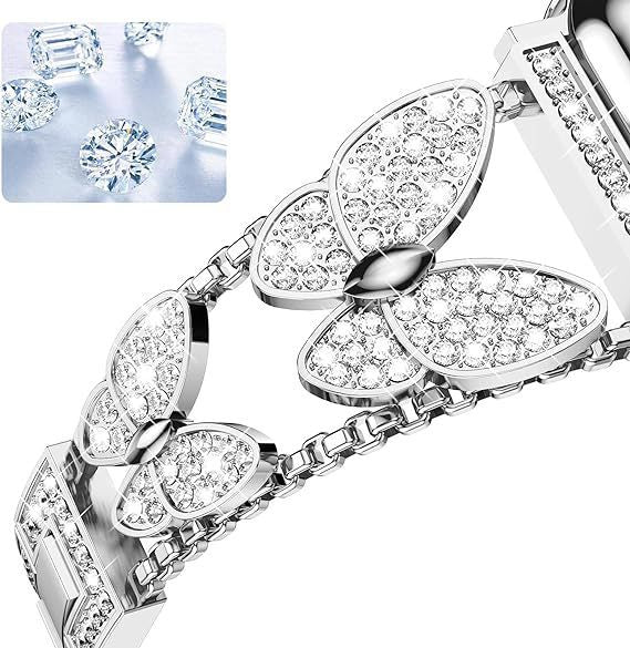 Bracelet de montre papillon en métal et diamants