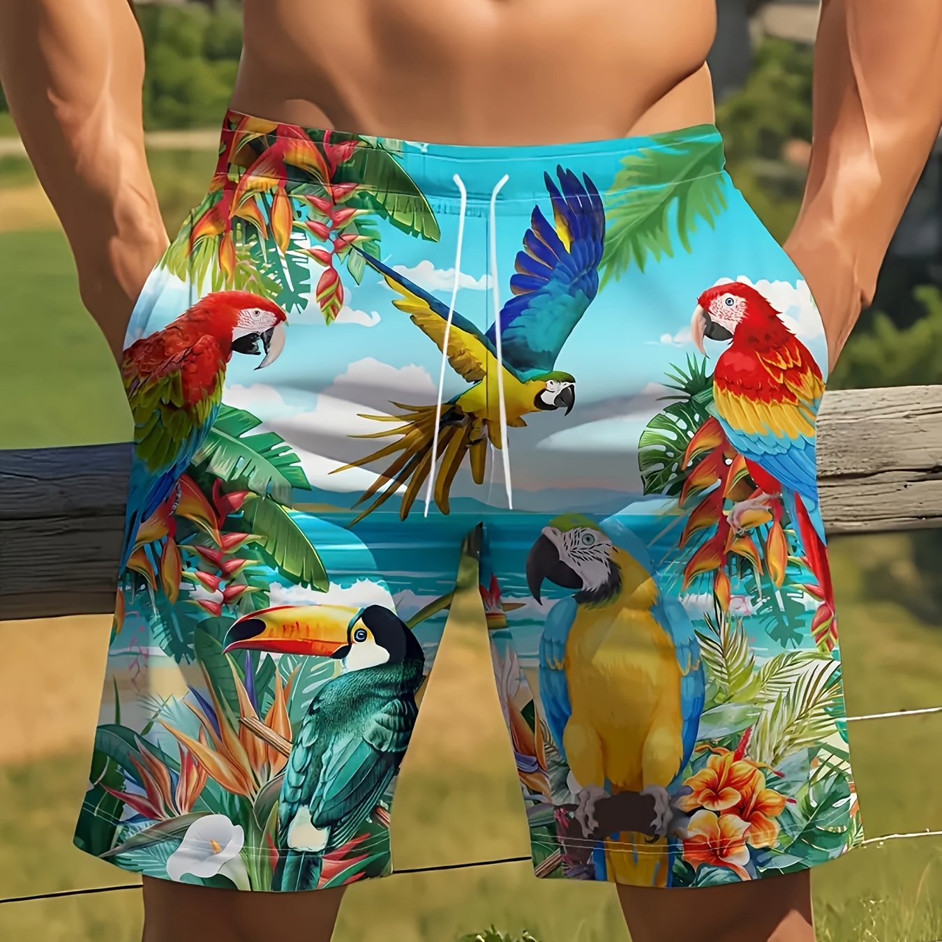 Short de plage homme élégant à imprimé perroquet - Design 3D