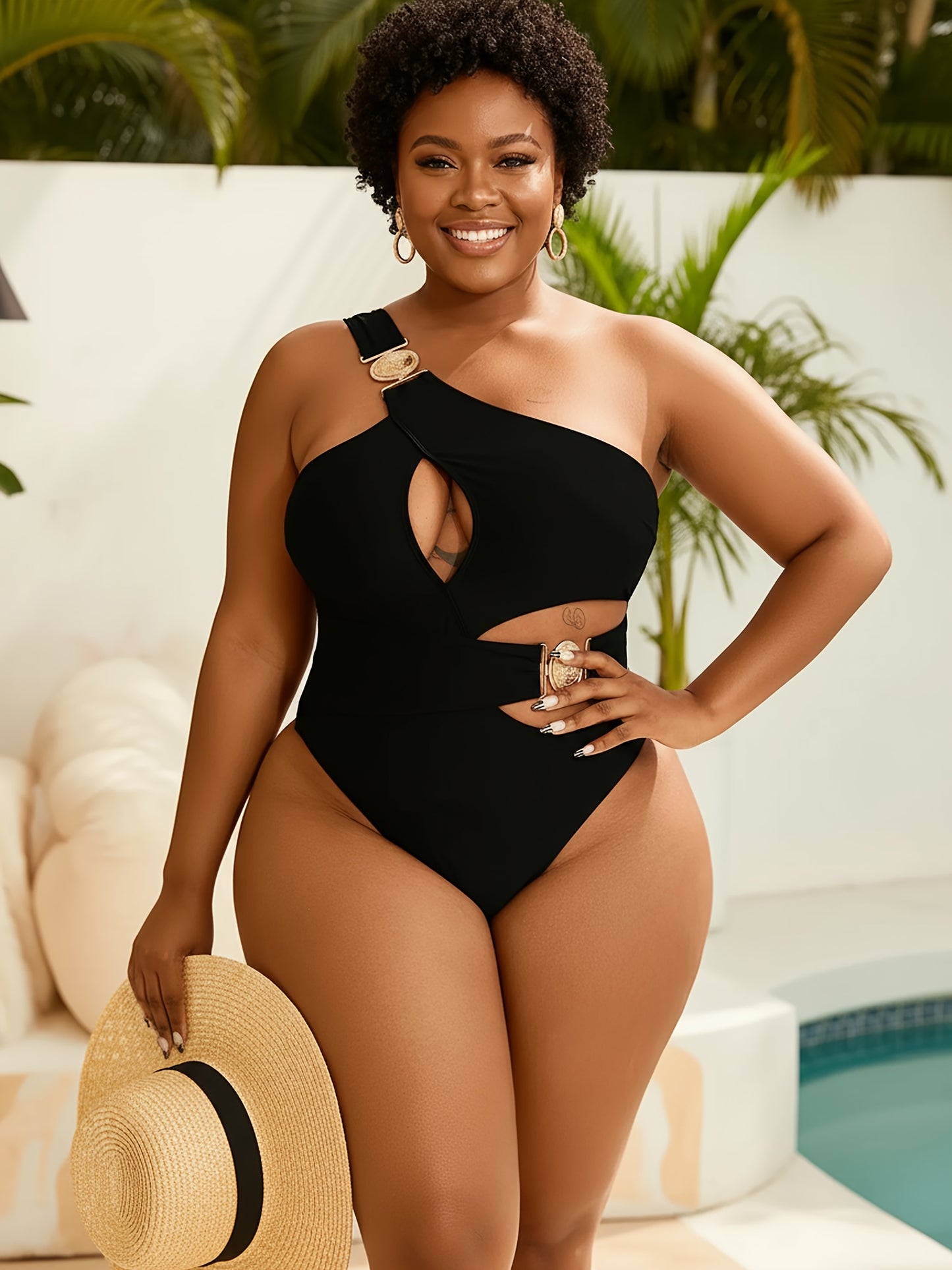 Maillot de bain une pièce noir sexy à une épaule dénudée pour femme