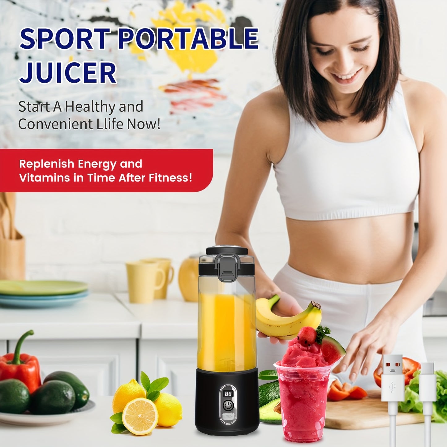 LALAYUAN USB-Powered Portable Blender & Juicer with Digital Timer, High-Speed Ice Crushing, One-Tap Lid, 1300mAh Battery, 6-Blade Stainless Steel, USB-C Charging, Compact Blender for Smoothies, Protein Shakes, Gym, Travel, Of - Topdecheztop.fr