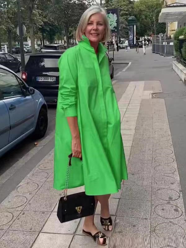 Chemise femme à manches longues, couleur unie, robe mi-longue simple