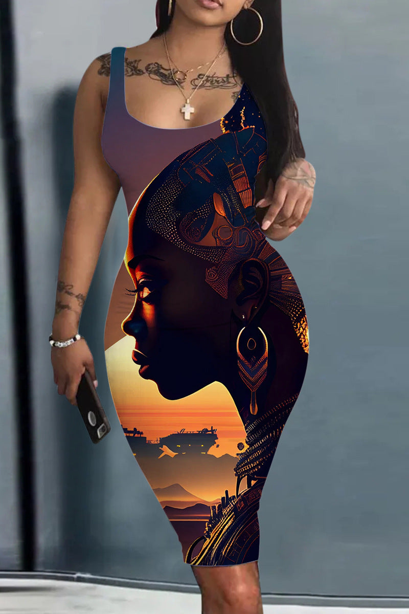 Robe ample à imprimé numérique pour femme, sans manches, col rond, coupe ajustée