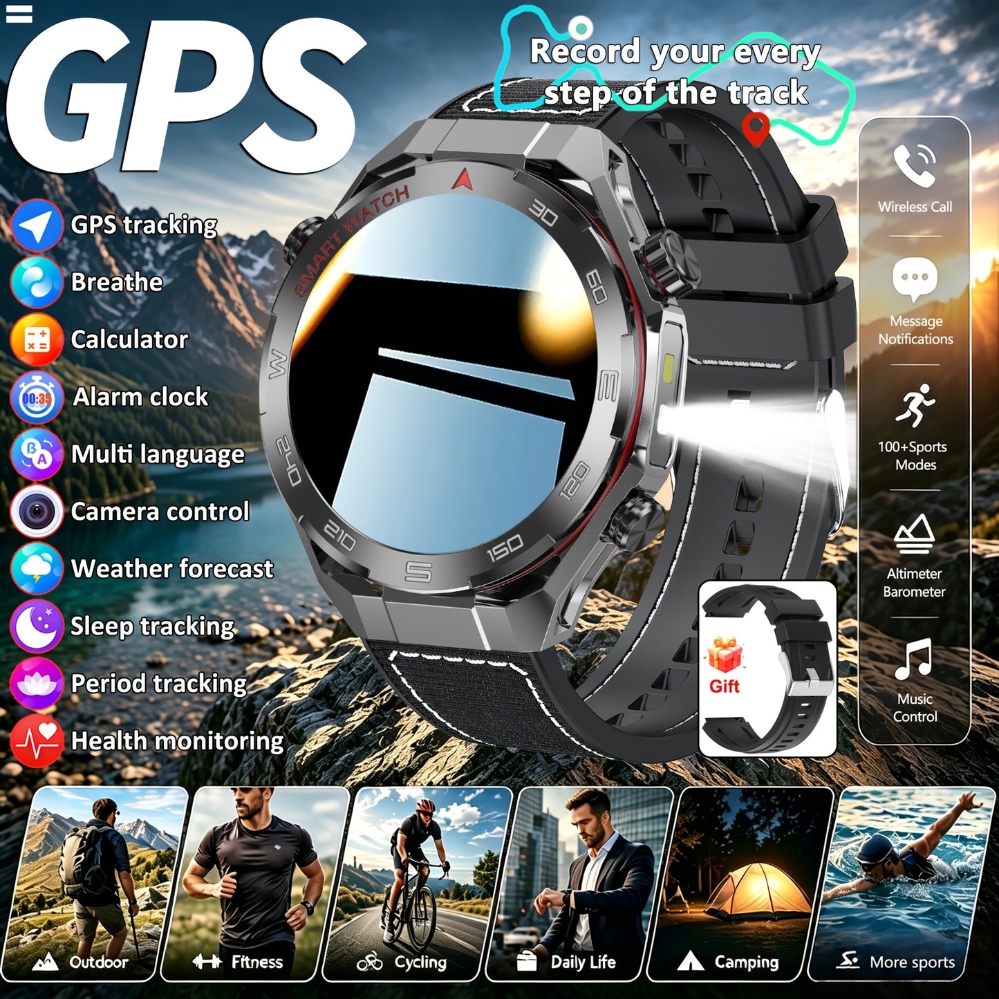 Montre Connectee Sport Homme GPS Integre - Ecran IPS HD 1.5 Pouces, Lampe Torche LED, Altimetre, Bluetooth 5.0